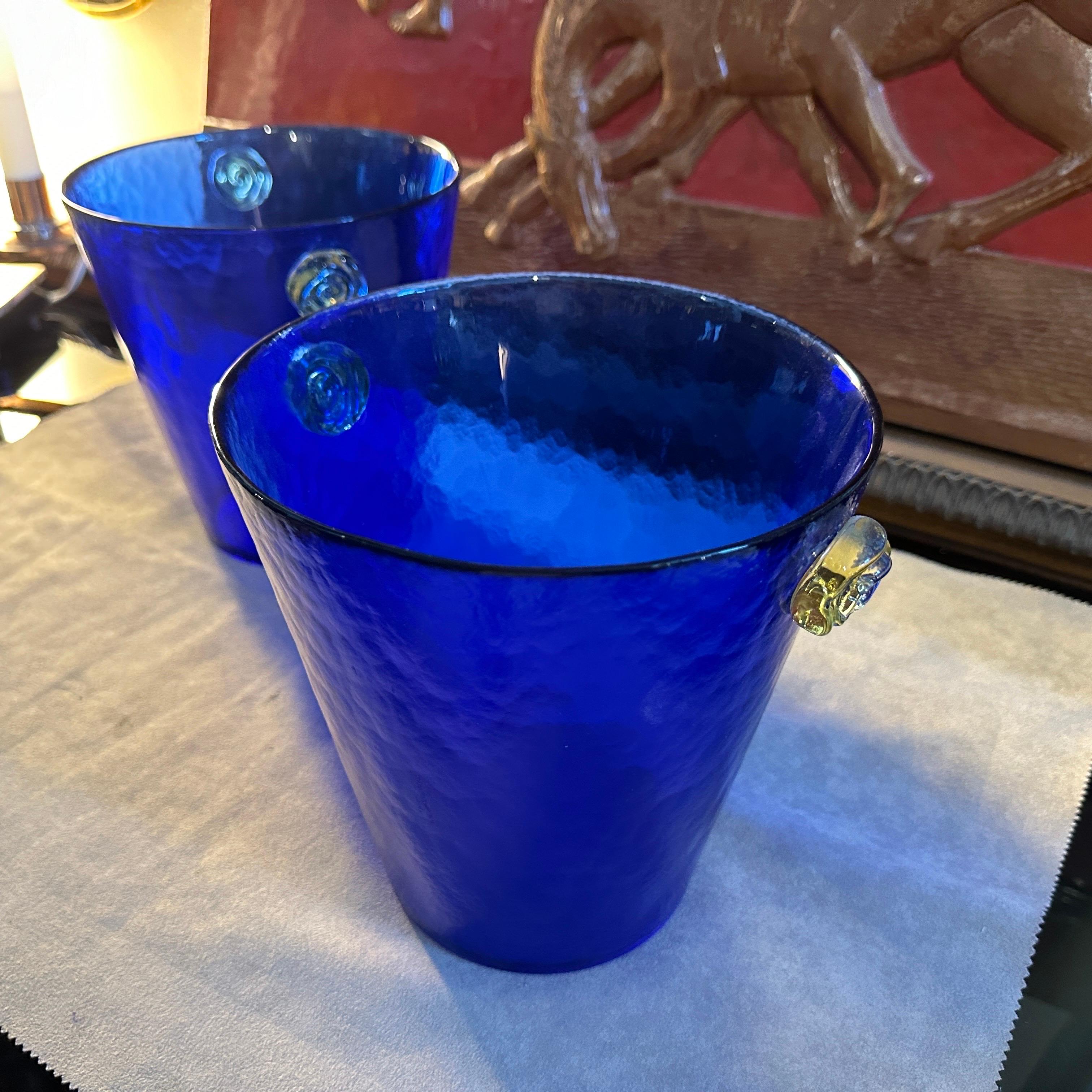 A Pair of 1980s Venini Style Modernist Blue and Yellow Murano Glass Wine Coolers In Excellent Condition For Sale In Aci Castello, IT
