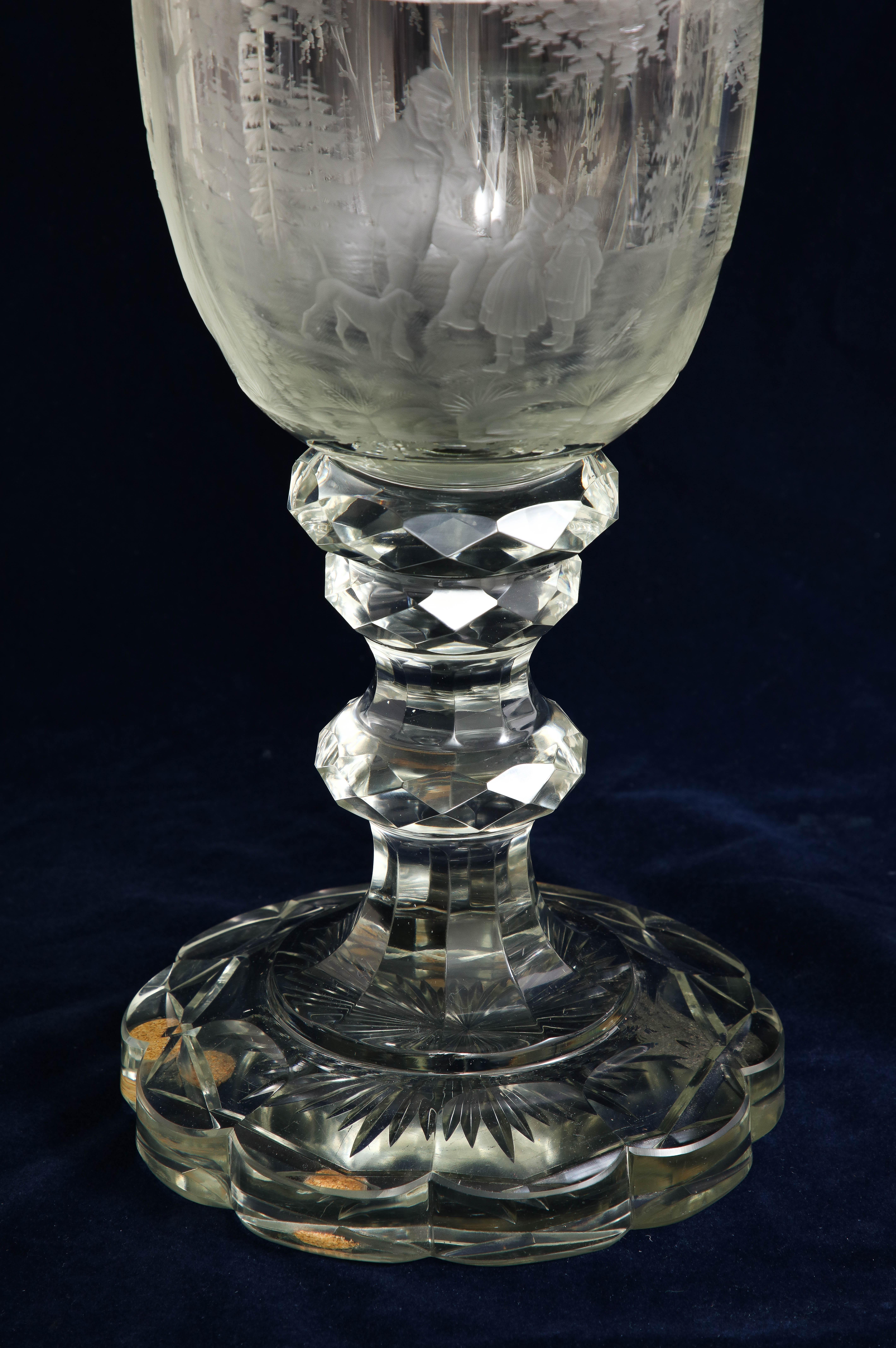 Pair of 19th C. Bohemian Crystal Hand-Engraved and Acid Washed Covered Pokals For Sale 8