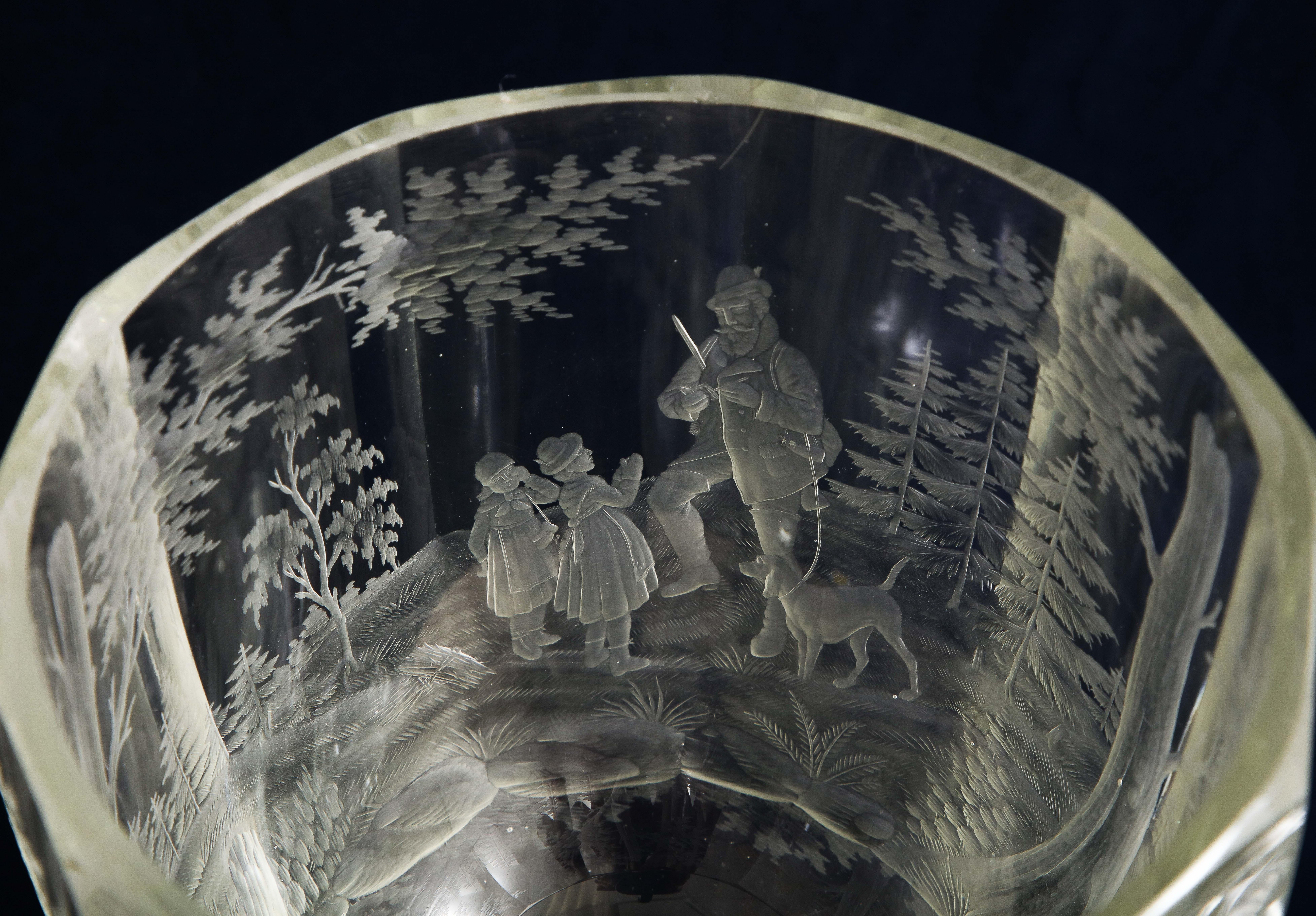 Pair of 19th C. Bohemian Crystal Hand-Engraved and Acid Washed Covered Pokals For Sale 10