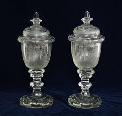 Pair of 19th C. Bohemian Crystal Hand-Engraved and Acid Washed Covered Pokals