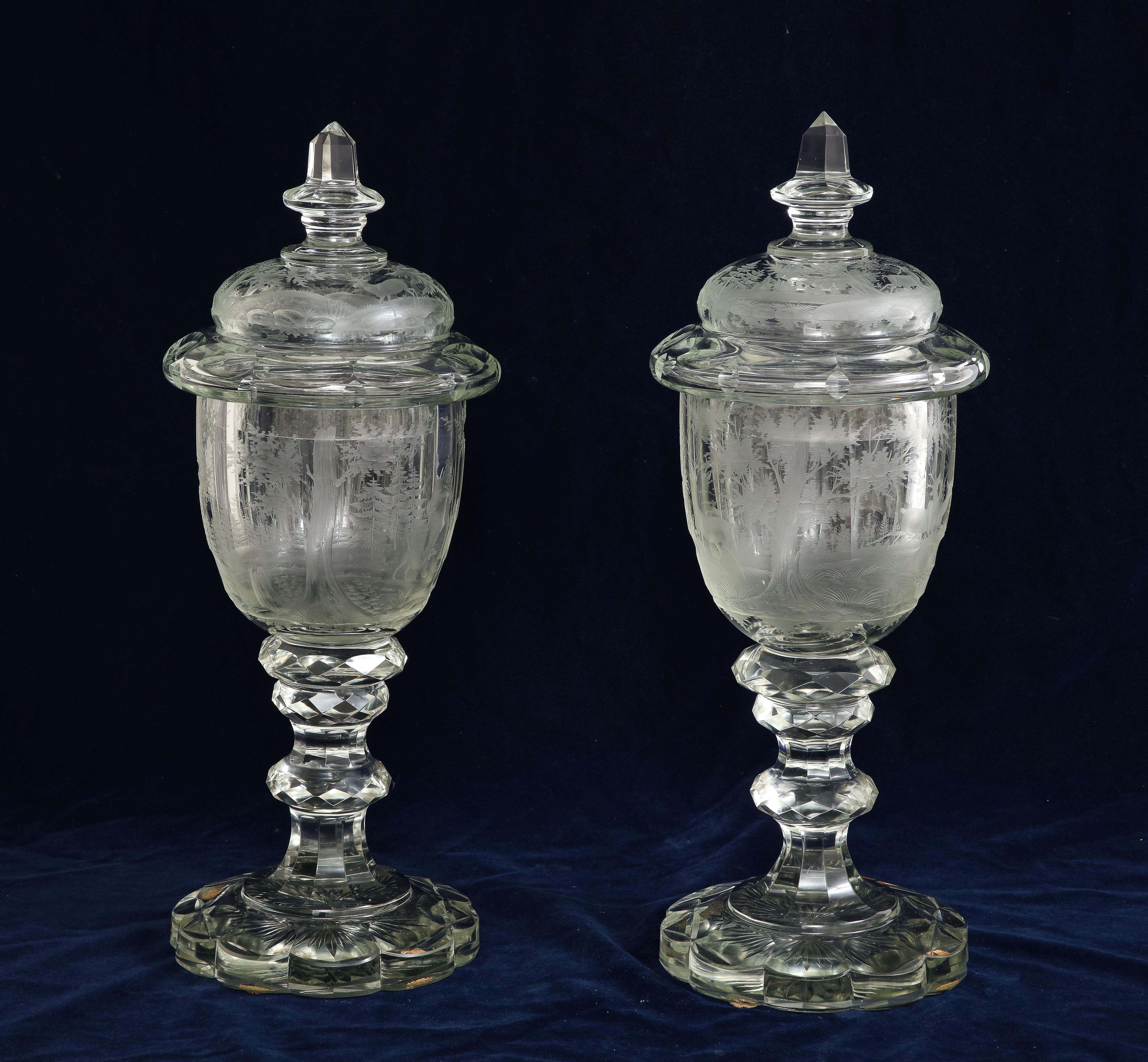 Louis XVI Pair of 19th C. Bohemian Crystal Hand-Engraved and Acid Washed Covered Pokals For Sale