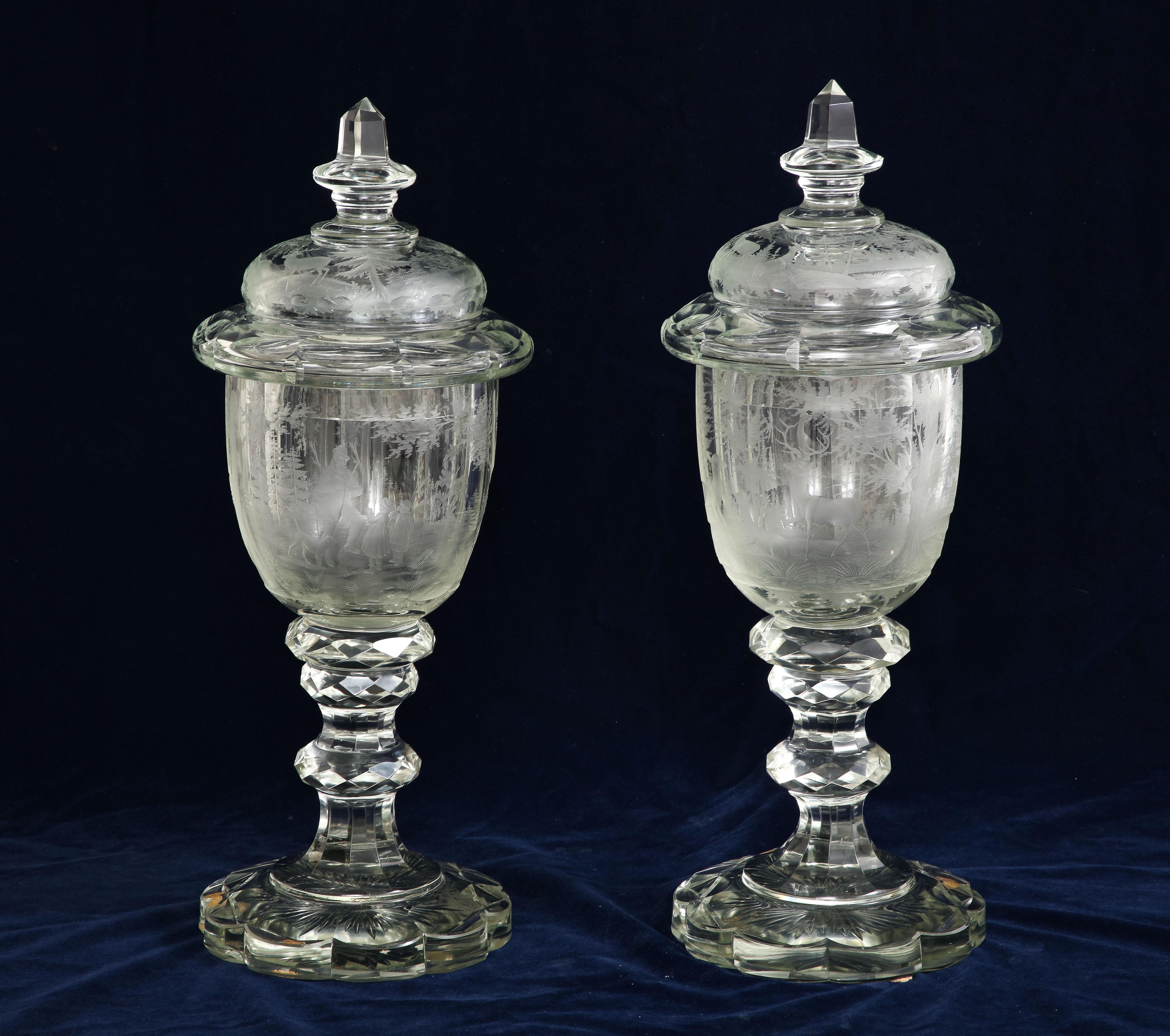 Czech Pair of 19th C. Bohemian Crystal Hand-Engraved and Acid Washed Covered Pokals For Sale