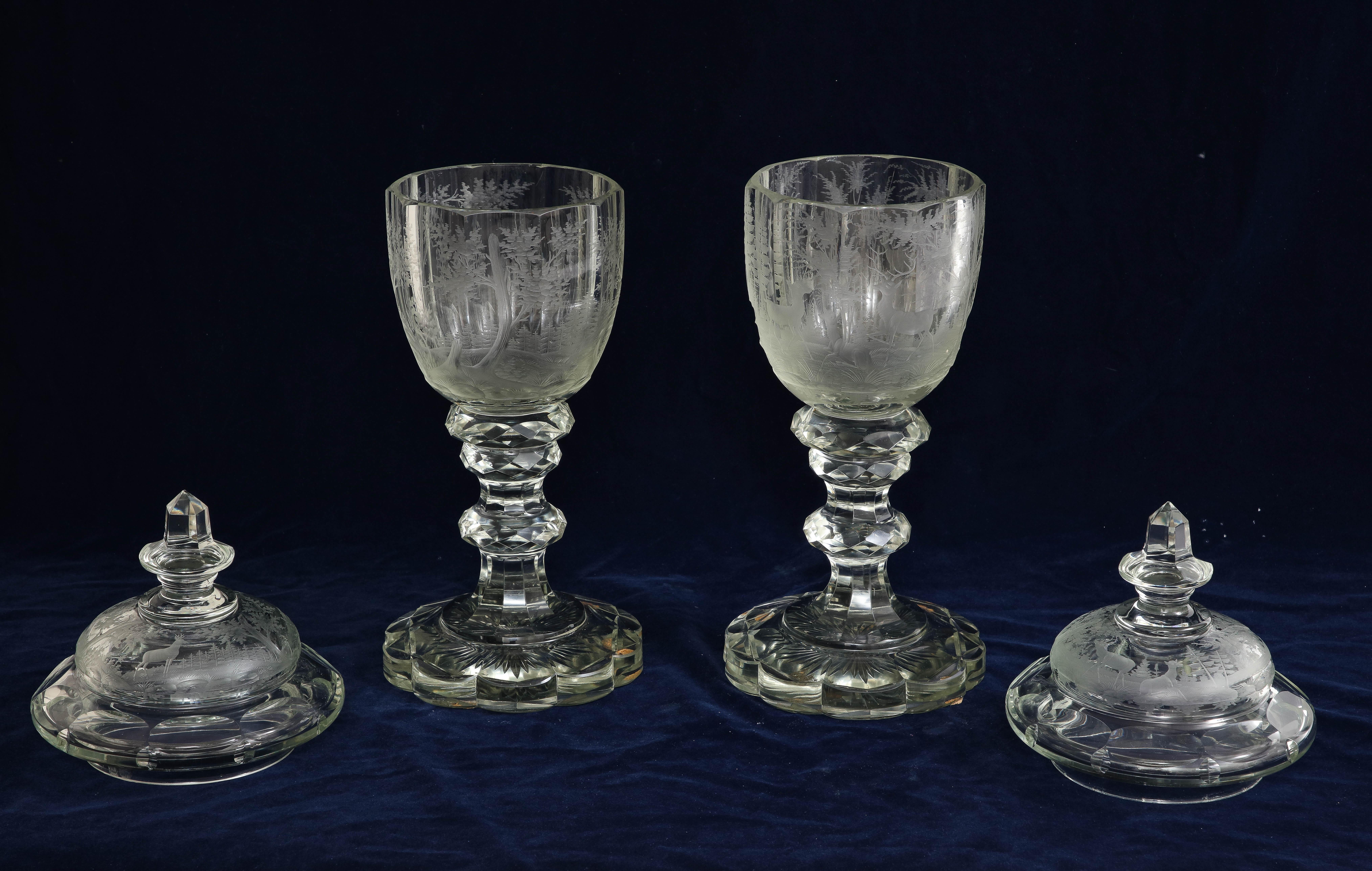 Pair of 19th C. Bohemian Crystal Hand-Engraved and Acid Washed Covered Pokals In Good Condition For Sale In New York, NY