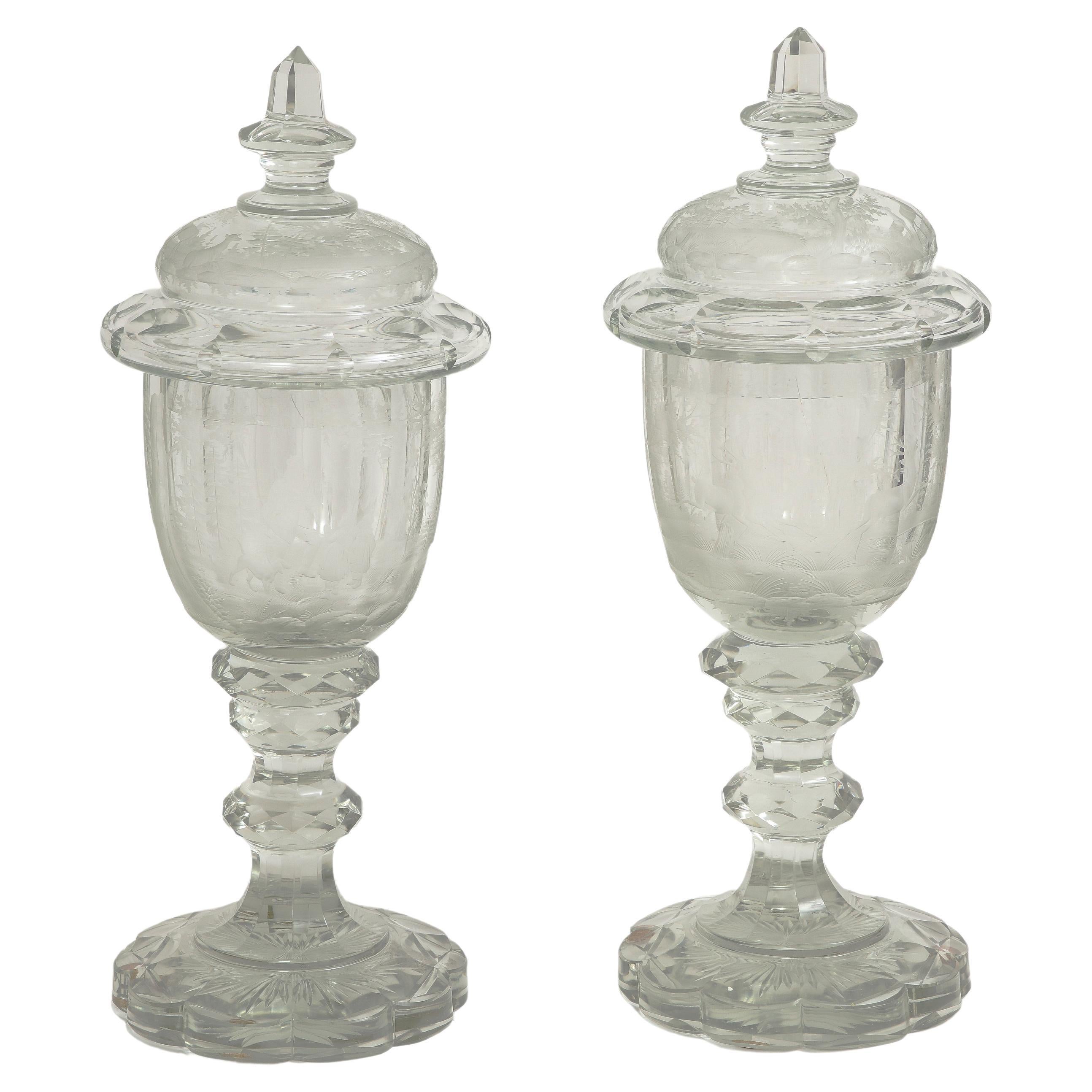 Pair of 19th C. Bohemian Crystal Hand-Engraved and Acid Washed Covered Pokals For Sale