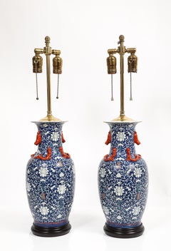 A Pair of 19th C. Chinese Blue and White Porcelain Vases Turned-to-Lamps