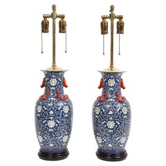 A Pair of 19th C. Chinese Blue and White Porcelain Vases Turned-to-Lamps