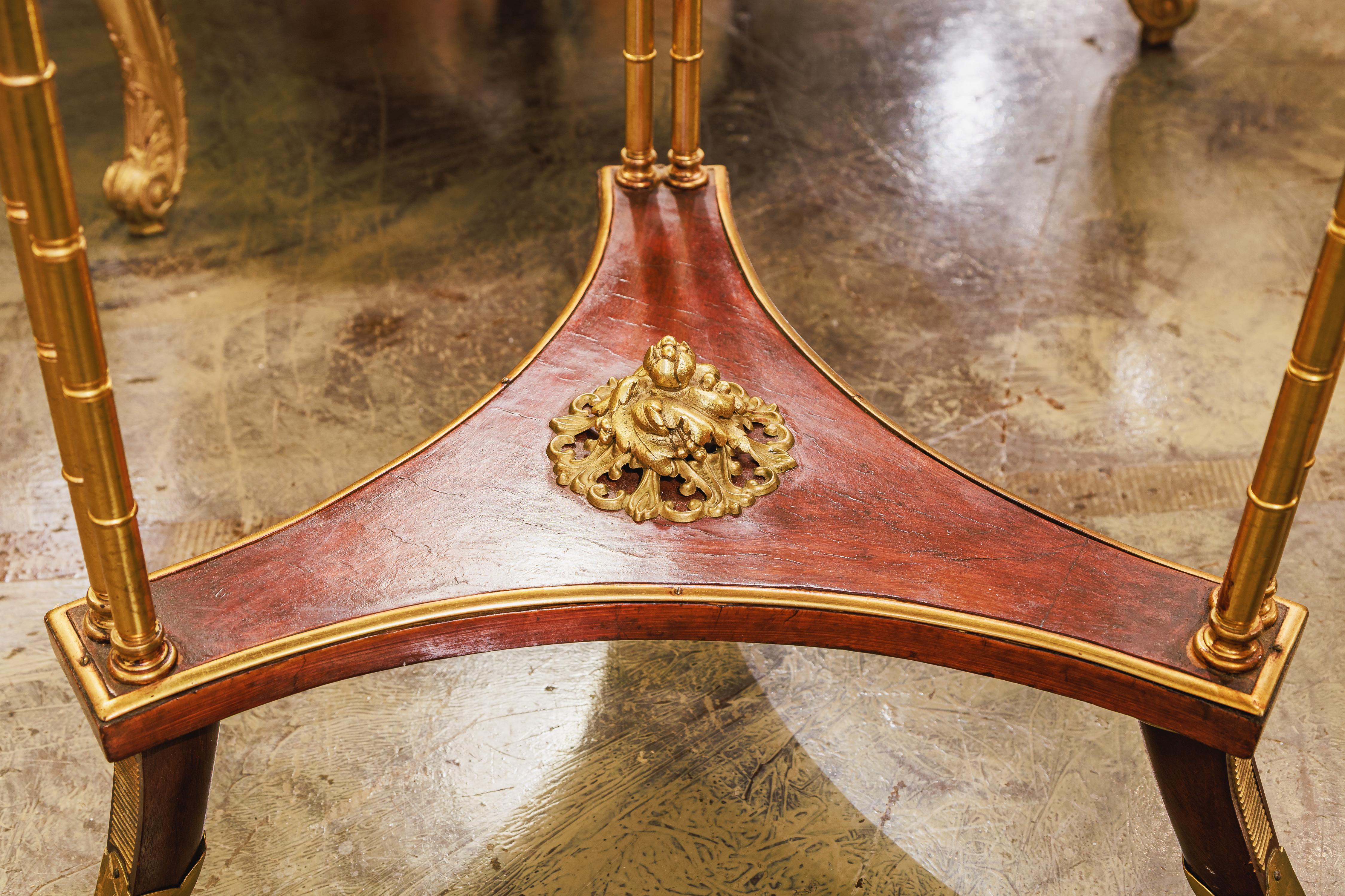 Français A  paire de  Tables de guéridon en acajou continental et bronze doré du 19e siècle. en vente