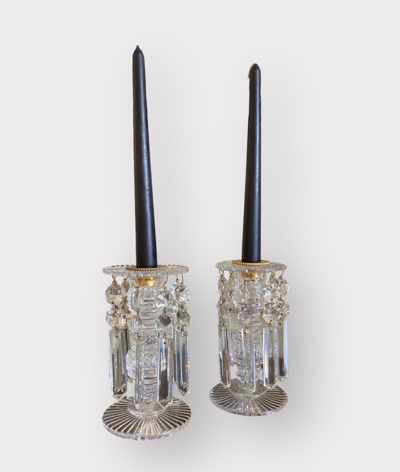 19th Century A pair of 19th C cut glass table lustre candlesticks