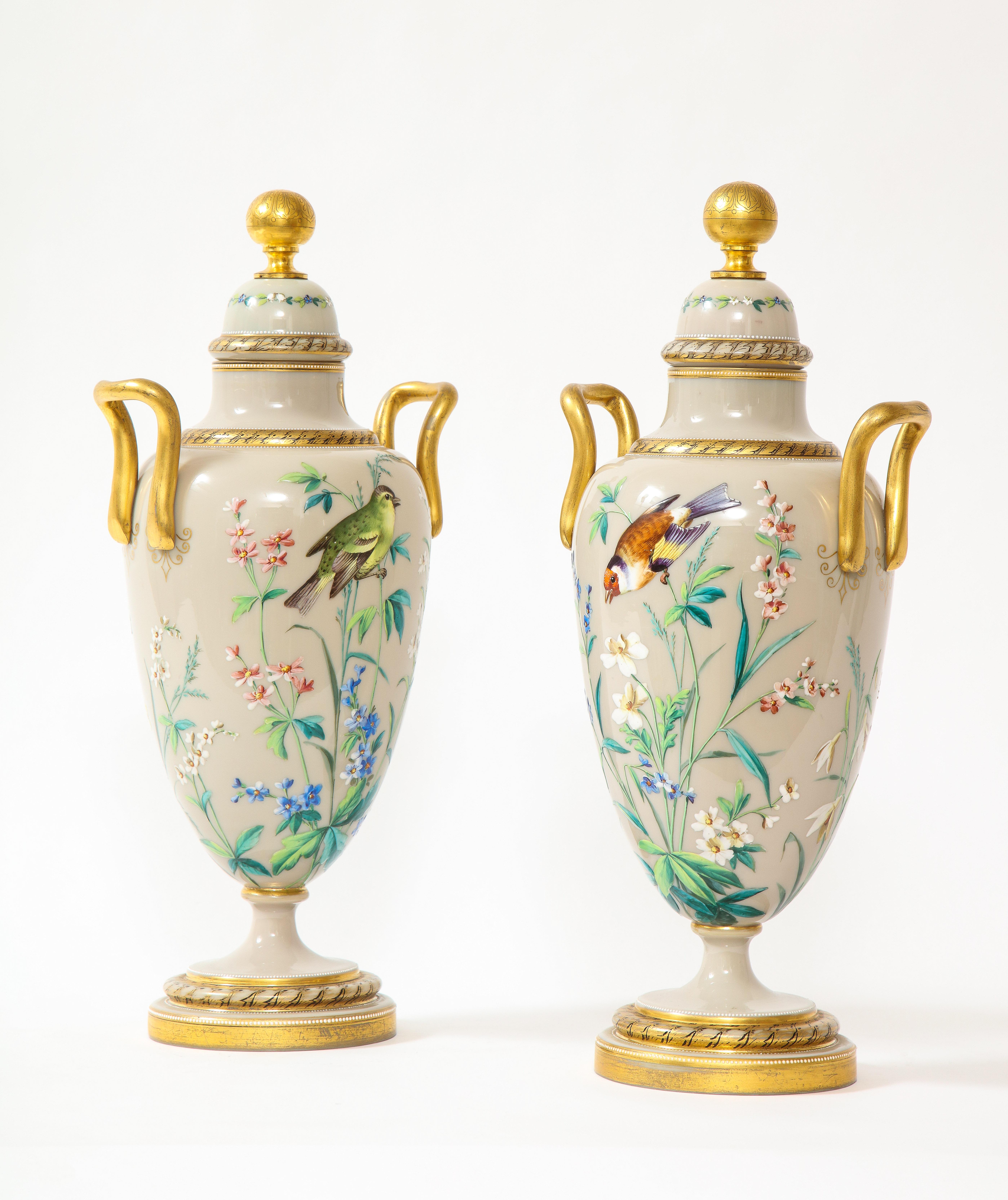 Louis XVI Pair of 19th C. French Baccarat Grey Opalescent Ground Hand-Enameled Vases