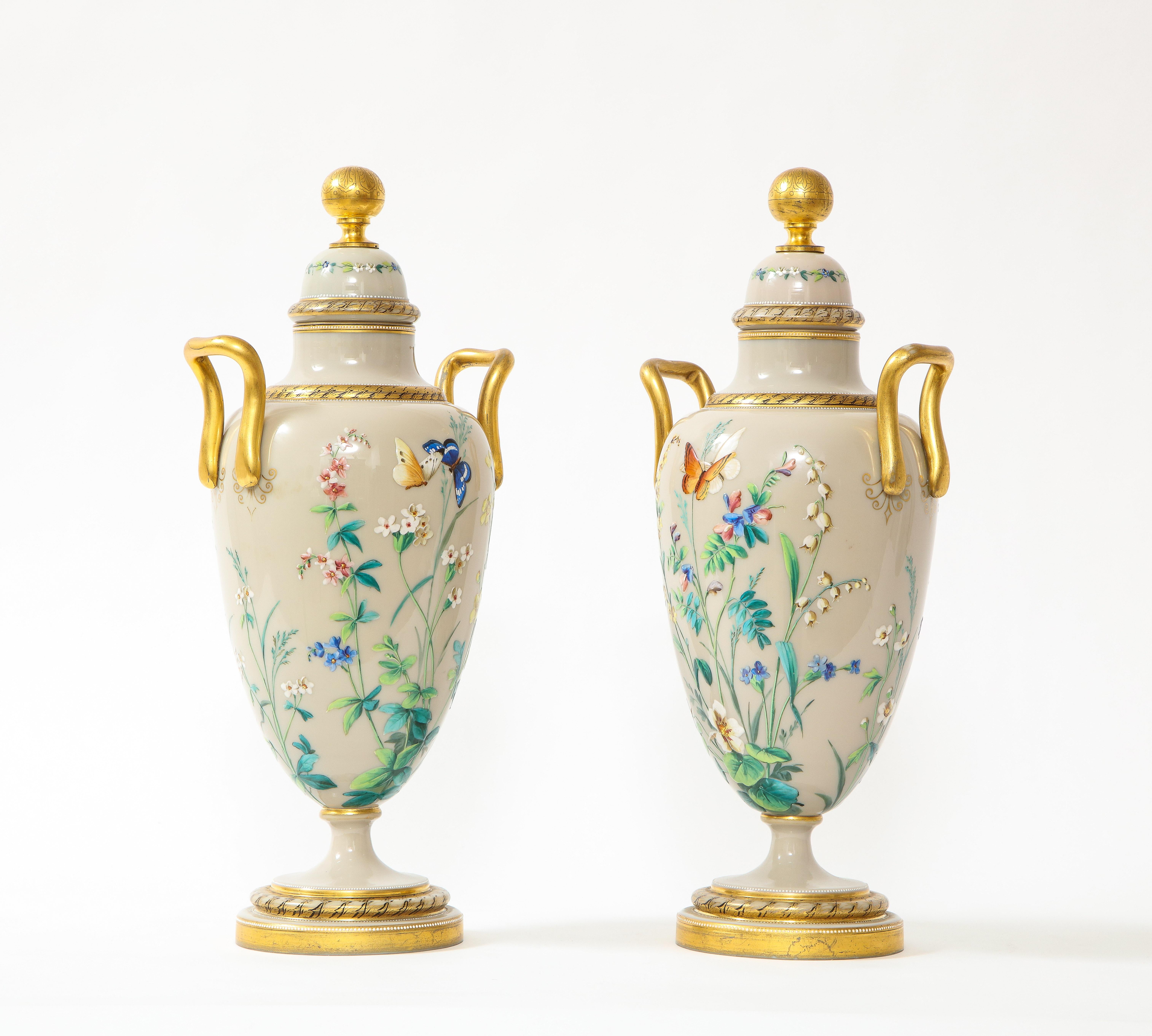 Hand-Painted Pair of 19th C. French Baccarat Grey Opalescent Ground Hand-Enameled Vases