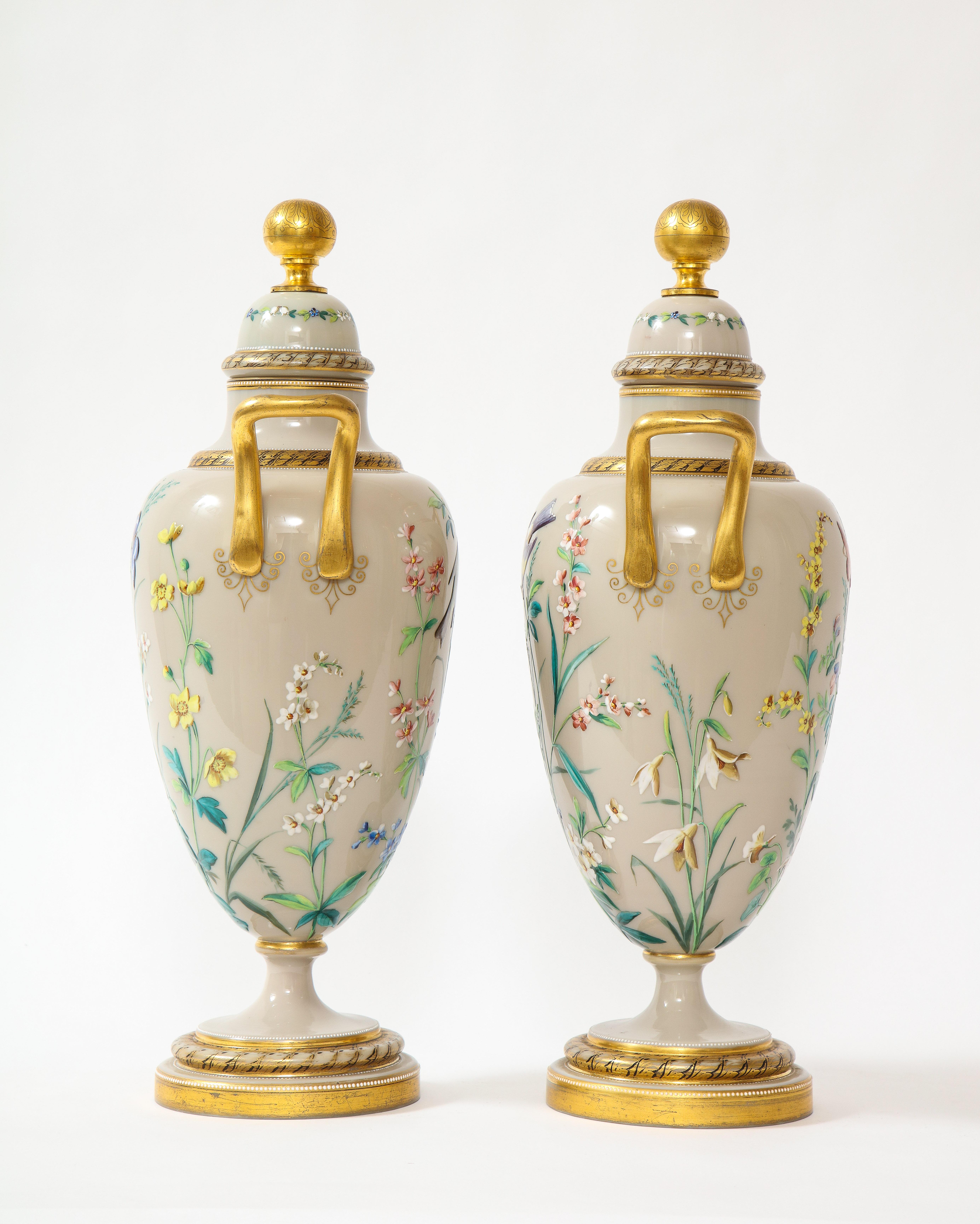 Pair of 19th C. French Baccarat Grey Opalescent Ground Hand-Enameled Vases In Good Condition In New York, NY