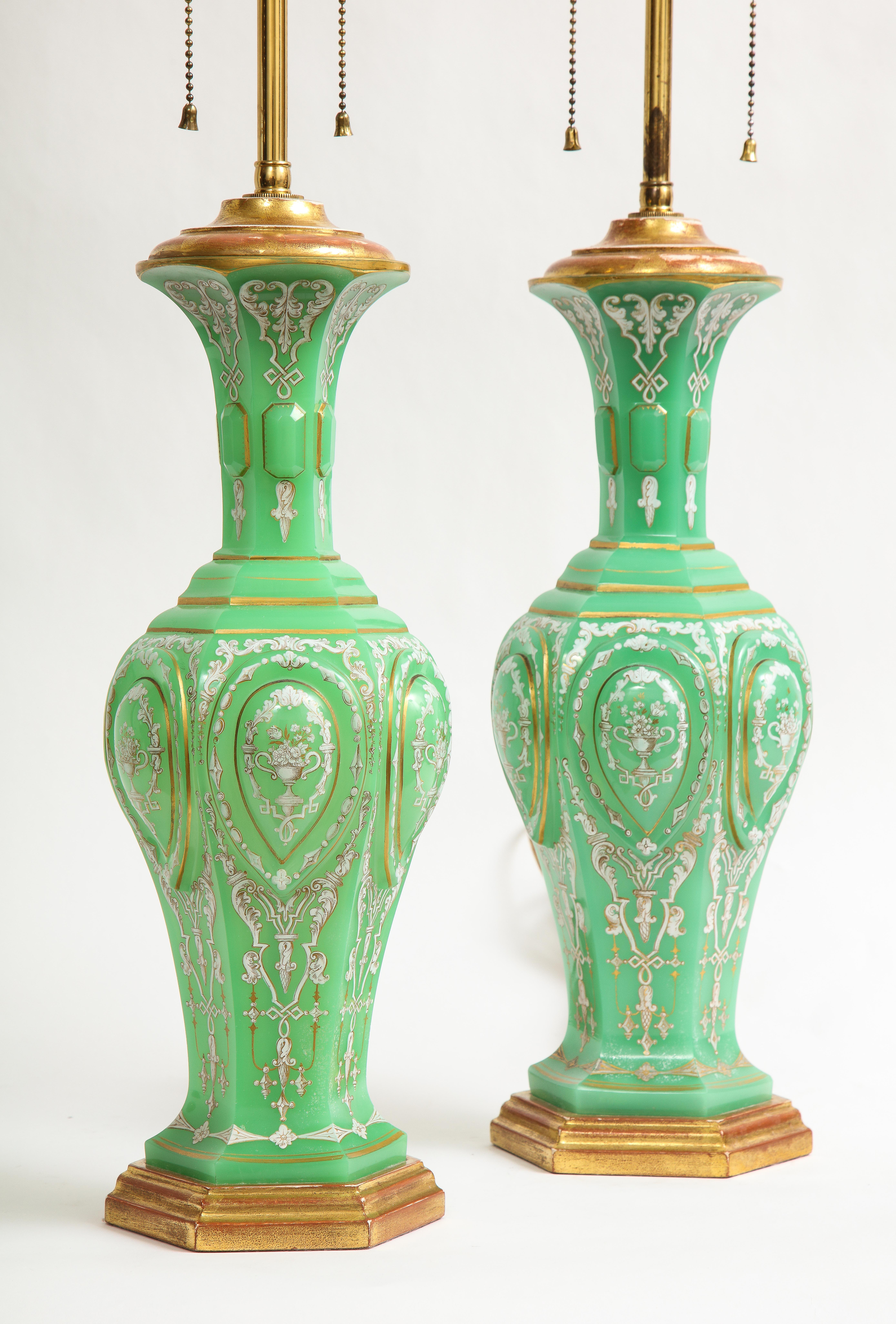 Louis XVI Pair of 19th C. French Giltwood Emerald Green Opaline Crystal and Enamel Lamps For Sale