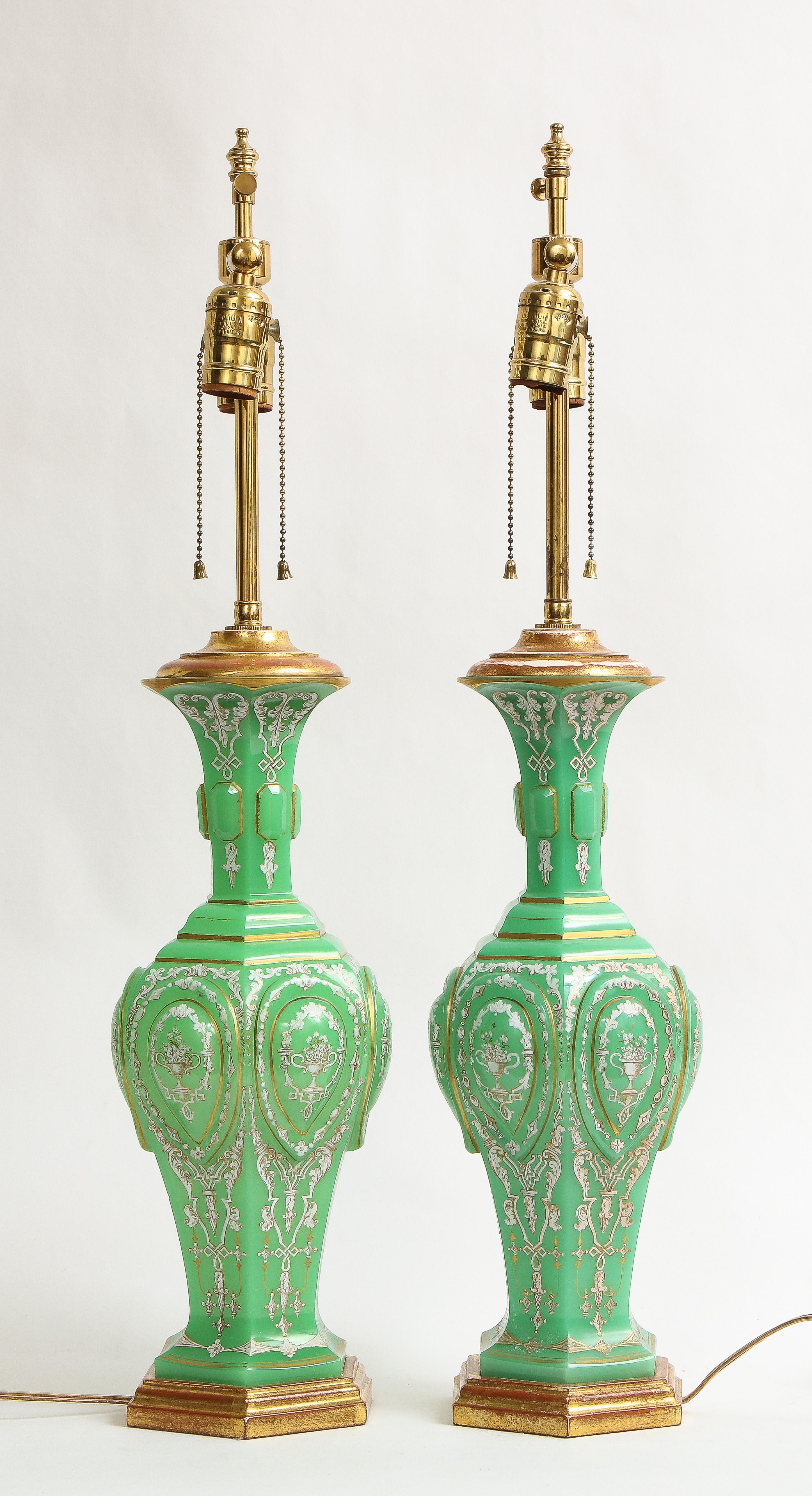 Hand-Carved Pair of 19th C. French Giltwood Emerald Green Opaline Crystal and Enamel Lamps For Sale