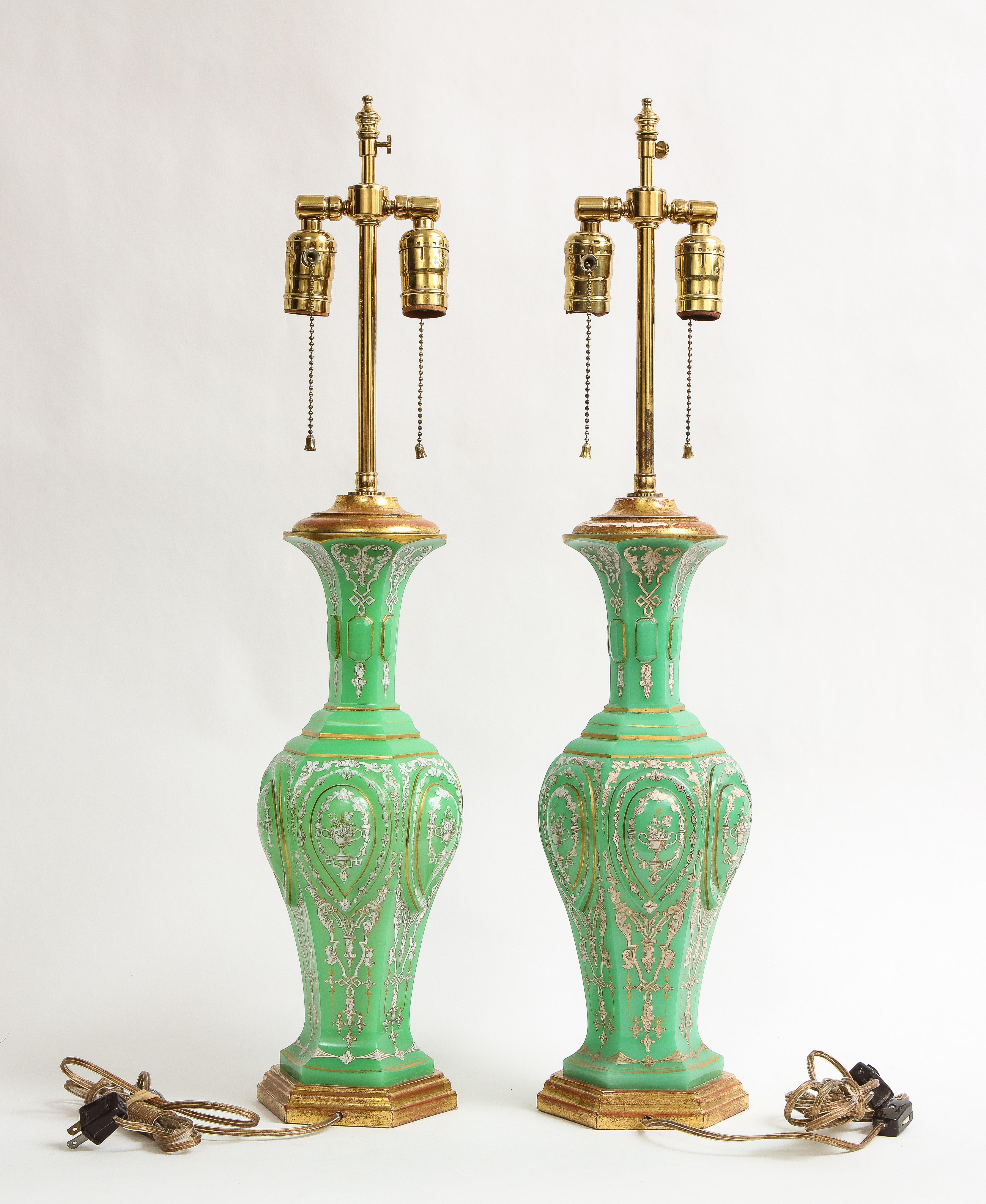 Mid-19th Century Pair of 19th C. French Giltwood Emerald Green Opaline Crystal and Enamel Lamps For Sale