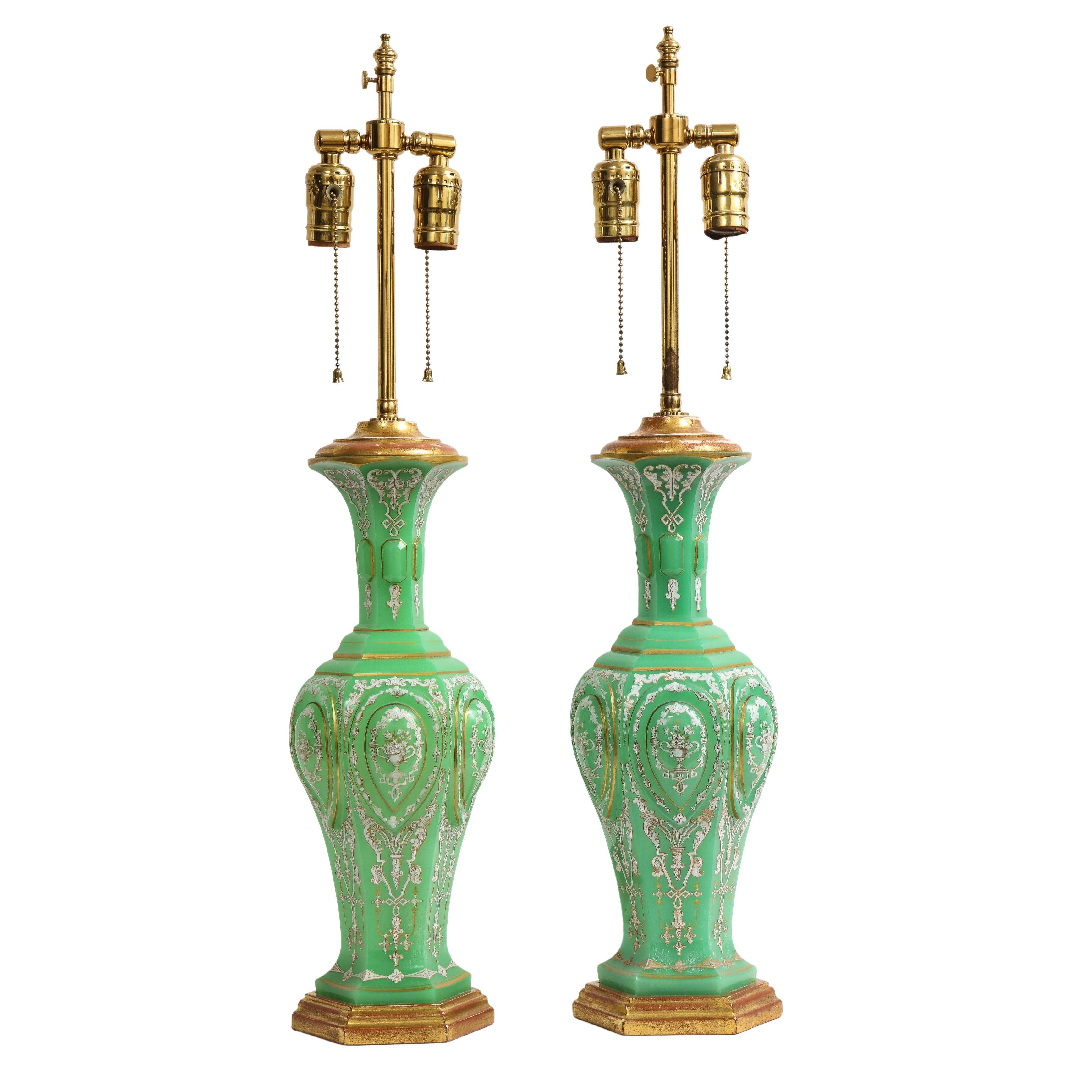 Pair of 19th C. French Giltwood Emerald Green Opaline Crystal and Enamel Lamps For Sale