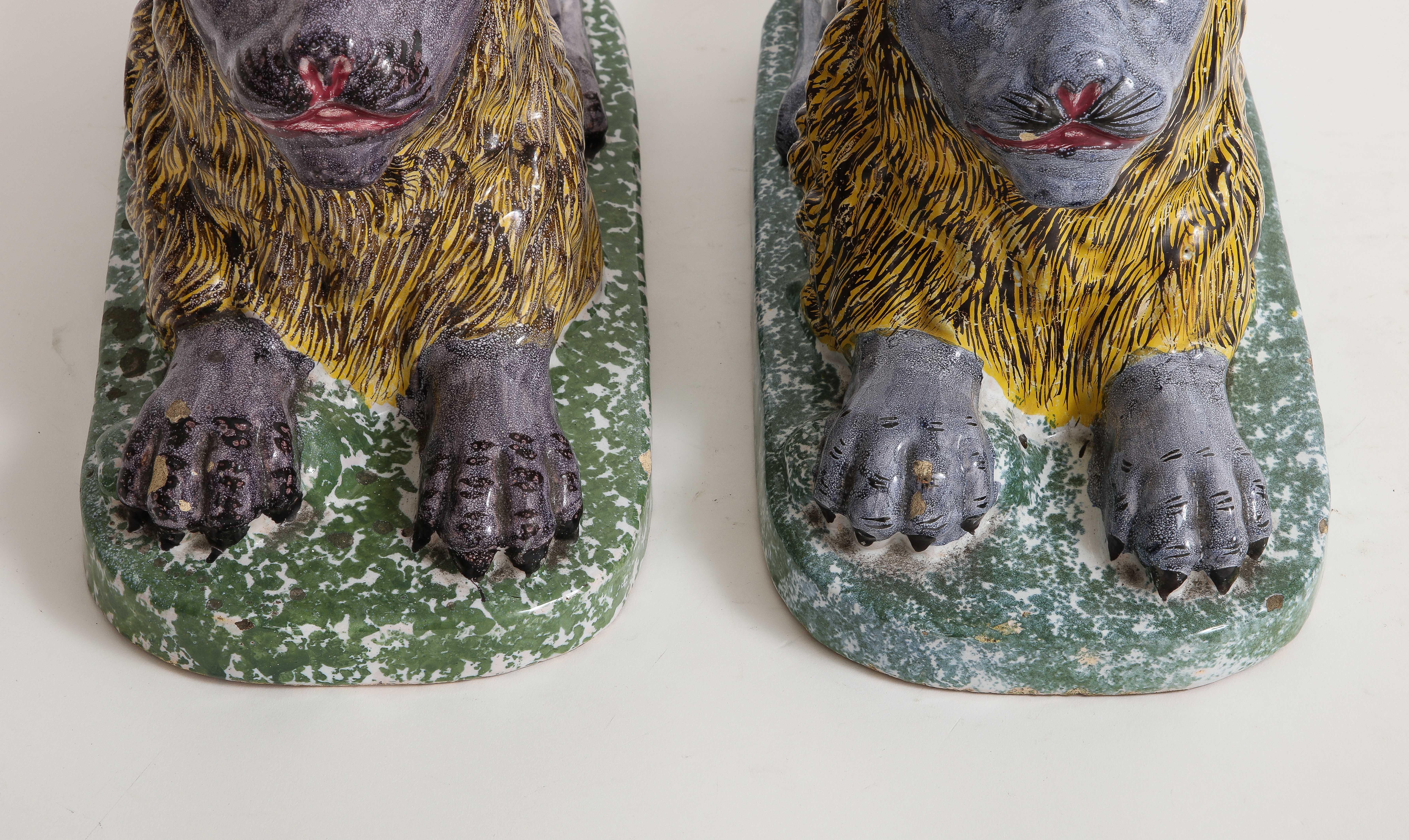 Pair of 19th Century French Majolica/Fiance Models of Lions Perched on Stands For Sale 3