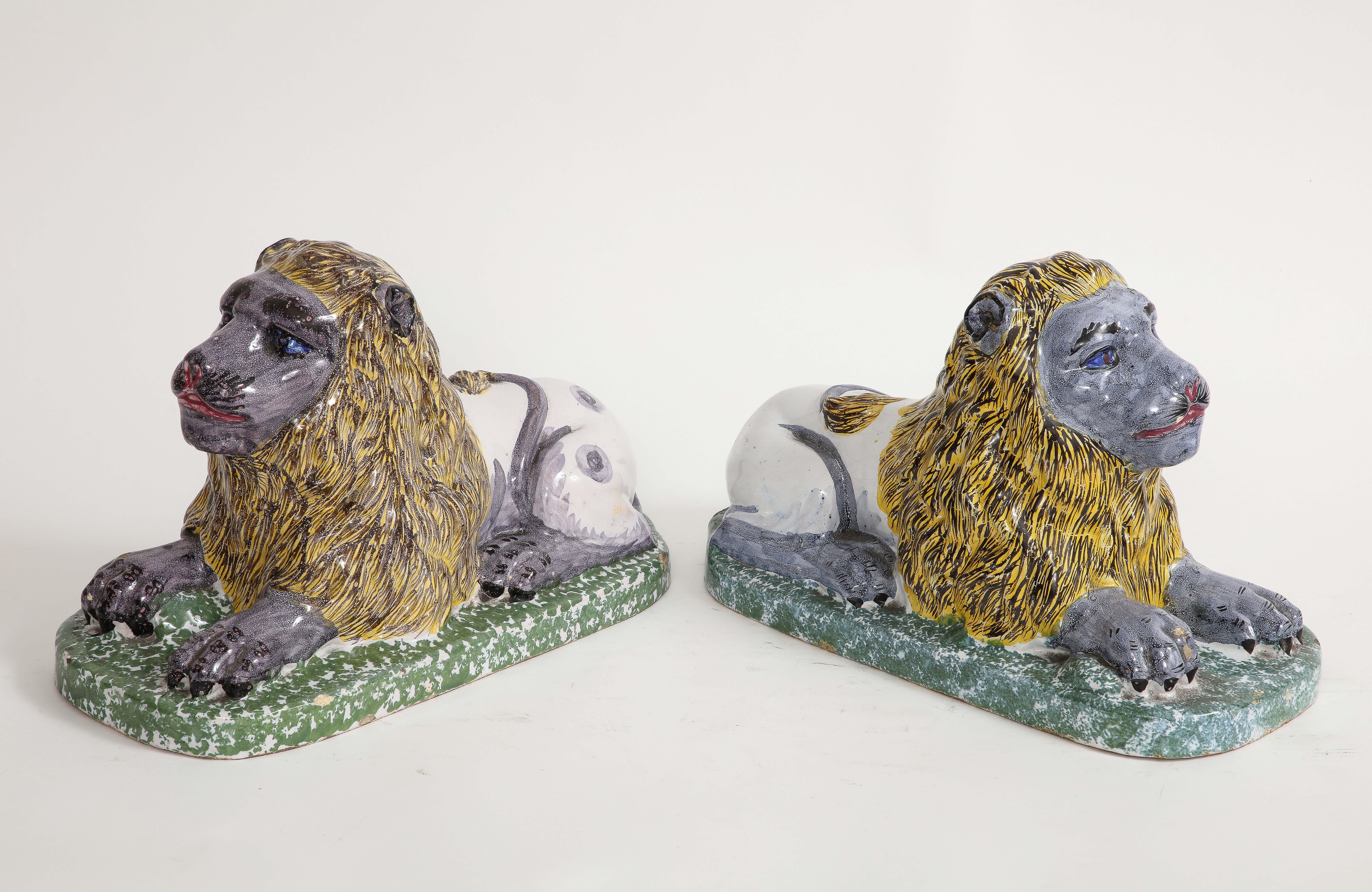 Louis XVI Pair of 19th Century French Majolica/Fiance Models of Lions Perched on Stands For Sale