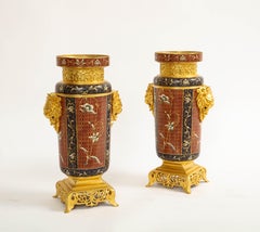 Pair of 19th C. French Ormolu and Champleve Enamel Vases with Foo Lion Handles