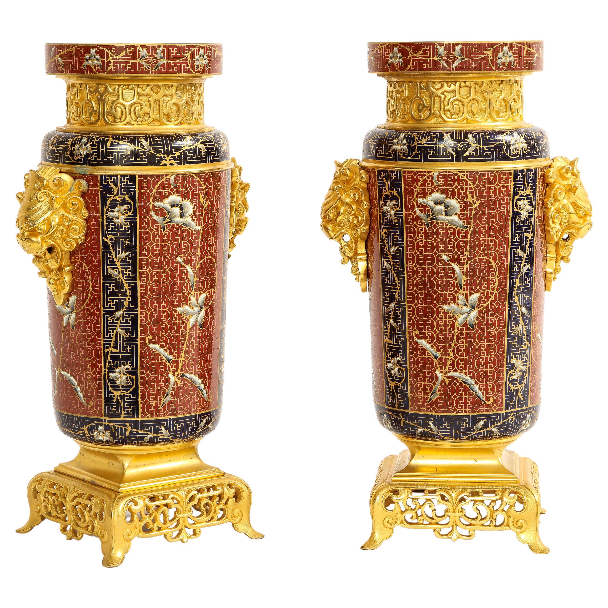Pair of 19th C. French Ormolu and Champleve Enamel Vases with Foo Lion Handles