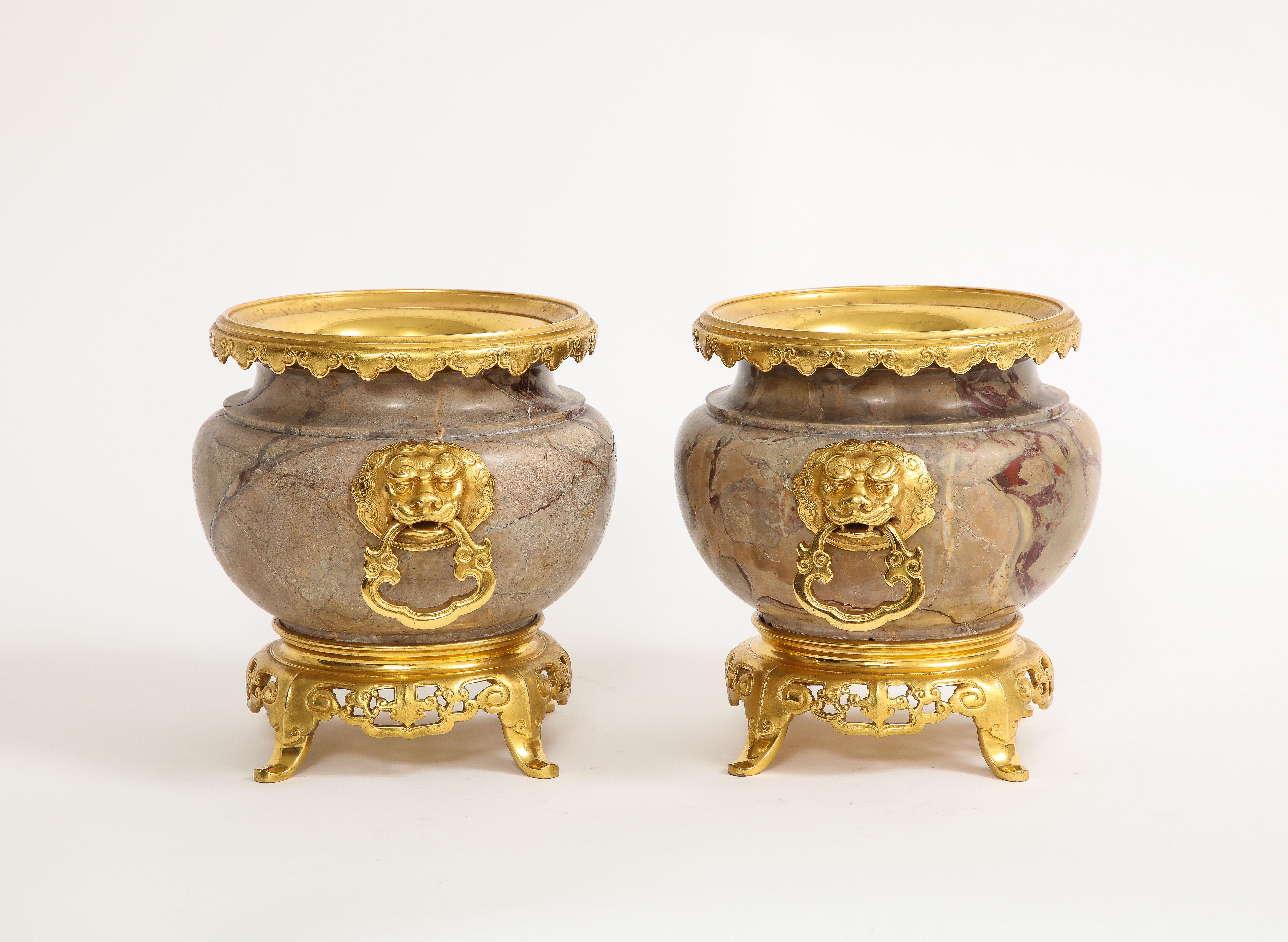 Chinoiserie Pair of 19th Century French Ormolu Mounted Marble Centerpieces, H. Journet & Cie For Sale