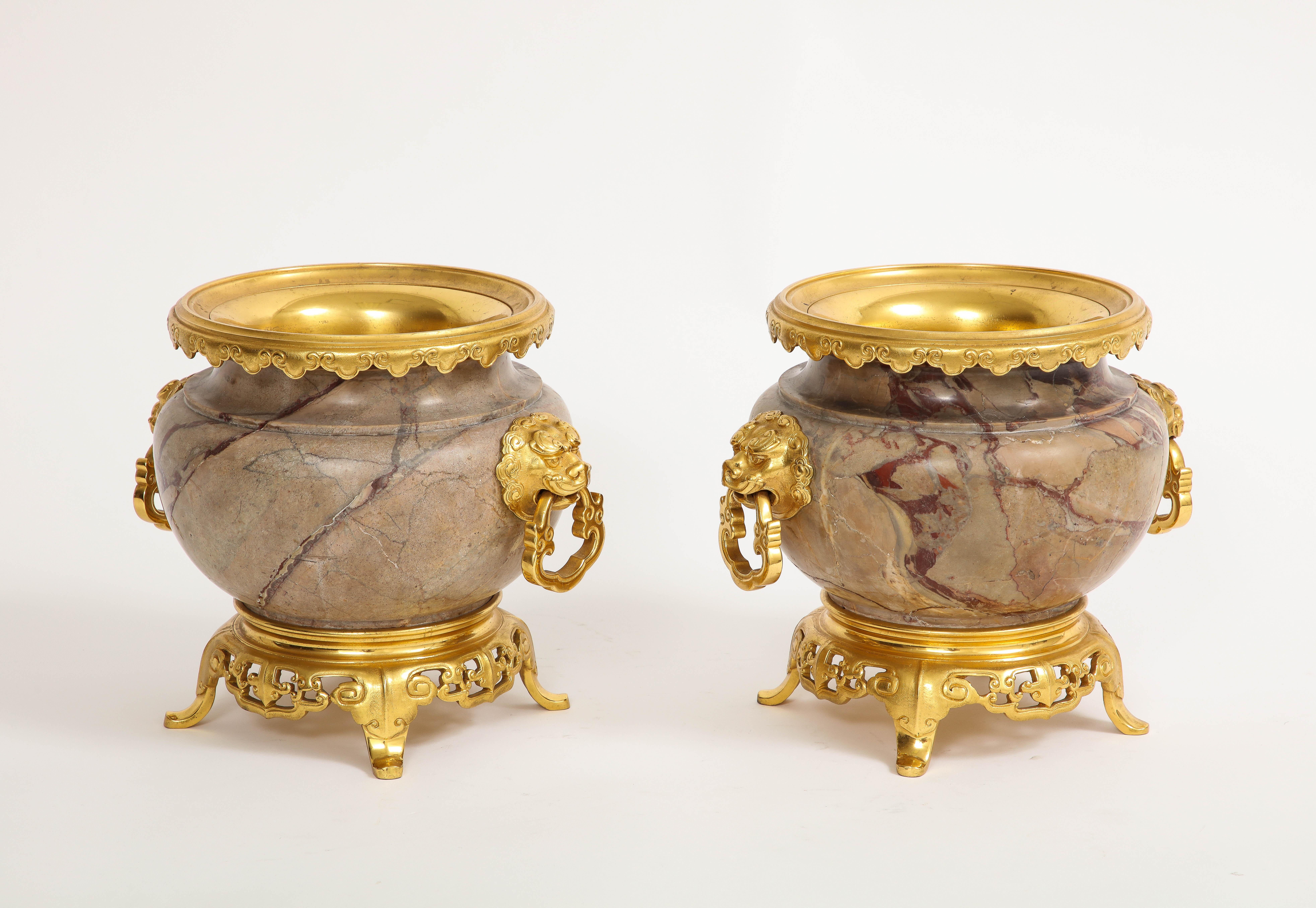 Hand-Carved Pair of 19th Century French Ormolu Mounted Marble Centerpieces, H. Journet & Cie For Sale