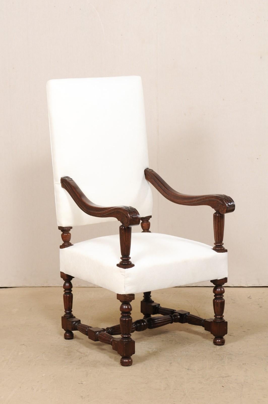 19th Century Pair of Italian Carved-Wood Armchairs with Newly Upholstered Seat and Back