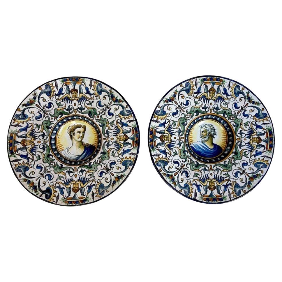 A Pair of 19th C Italian Renaissance Style Majolica Portrait Chargers