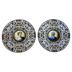 A Pair of 19th C Italian Renaissance Style Majolica Portrait Chargers