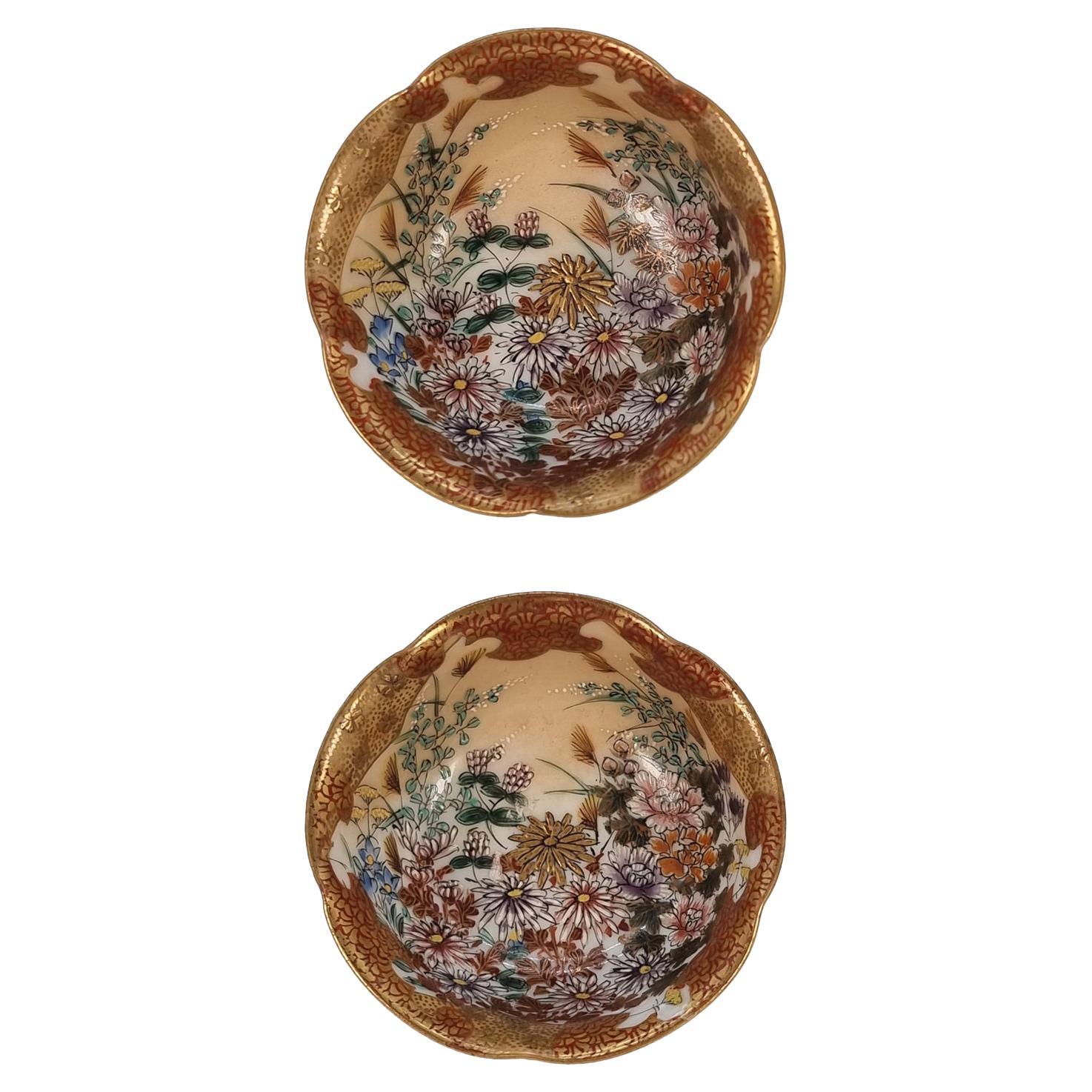 A pair of 19th C Japanese Meiji period miniature porcelain Kutani ware bowls