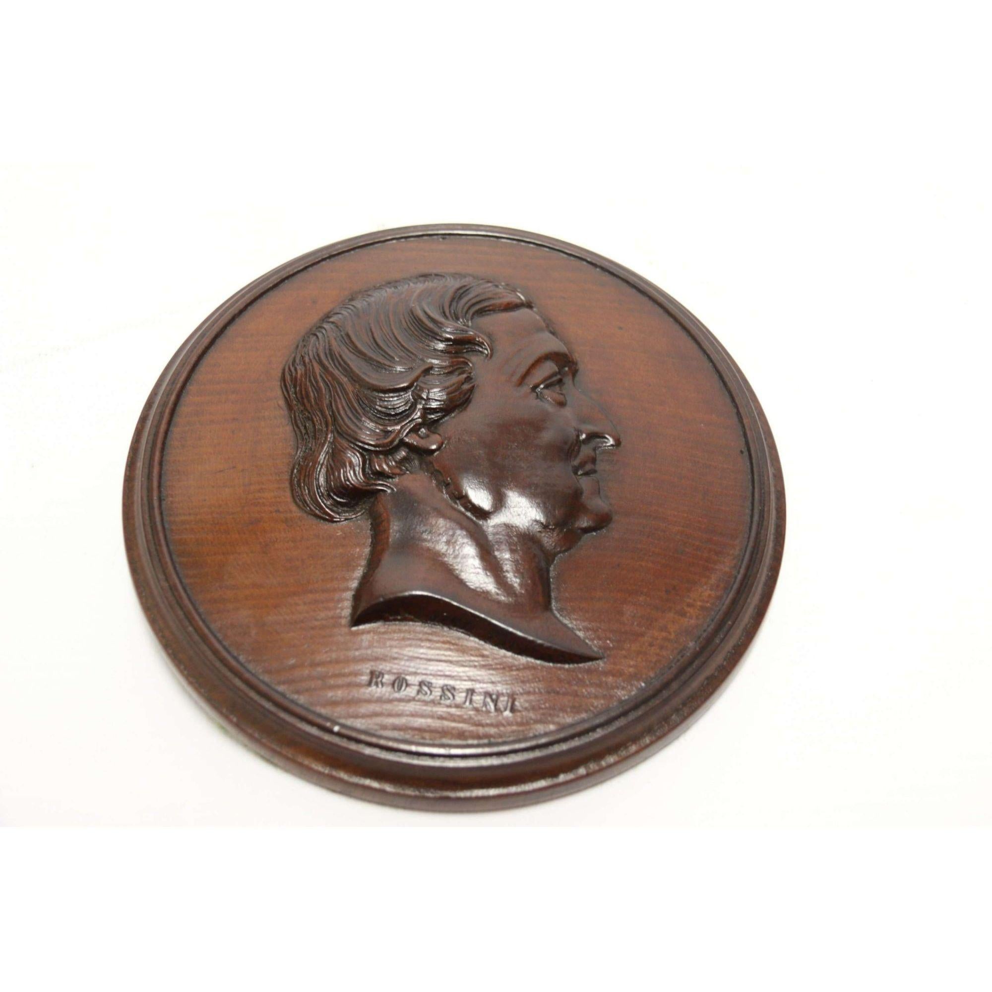 Pair of 19th C Mahogany Portrait Wall Plaques the Composers Rossini and Auber In Good Condition For Sale In Central England, GB