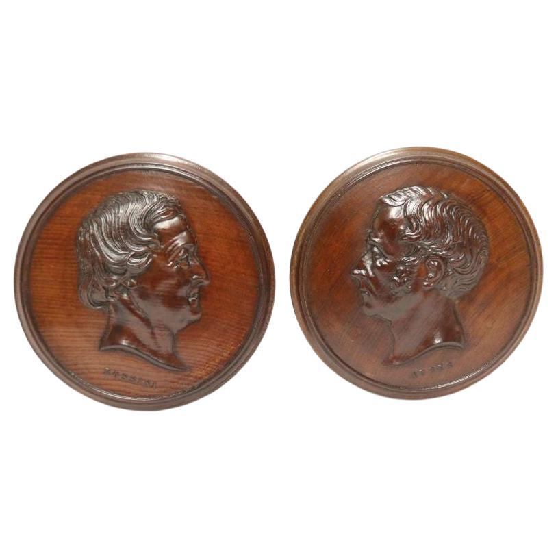 Pair of 19th C Mahogany Portrait Wall Plaques the Composers Rossini and Auber For Sale