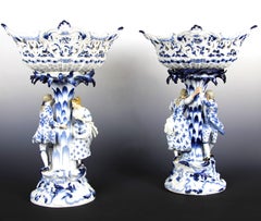 A Pair of 19th C. Meissen Porcelain Blue and White Hide and Seek Centerpieces