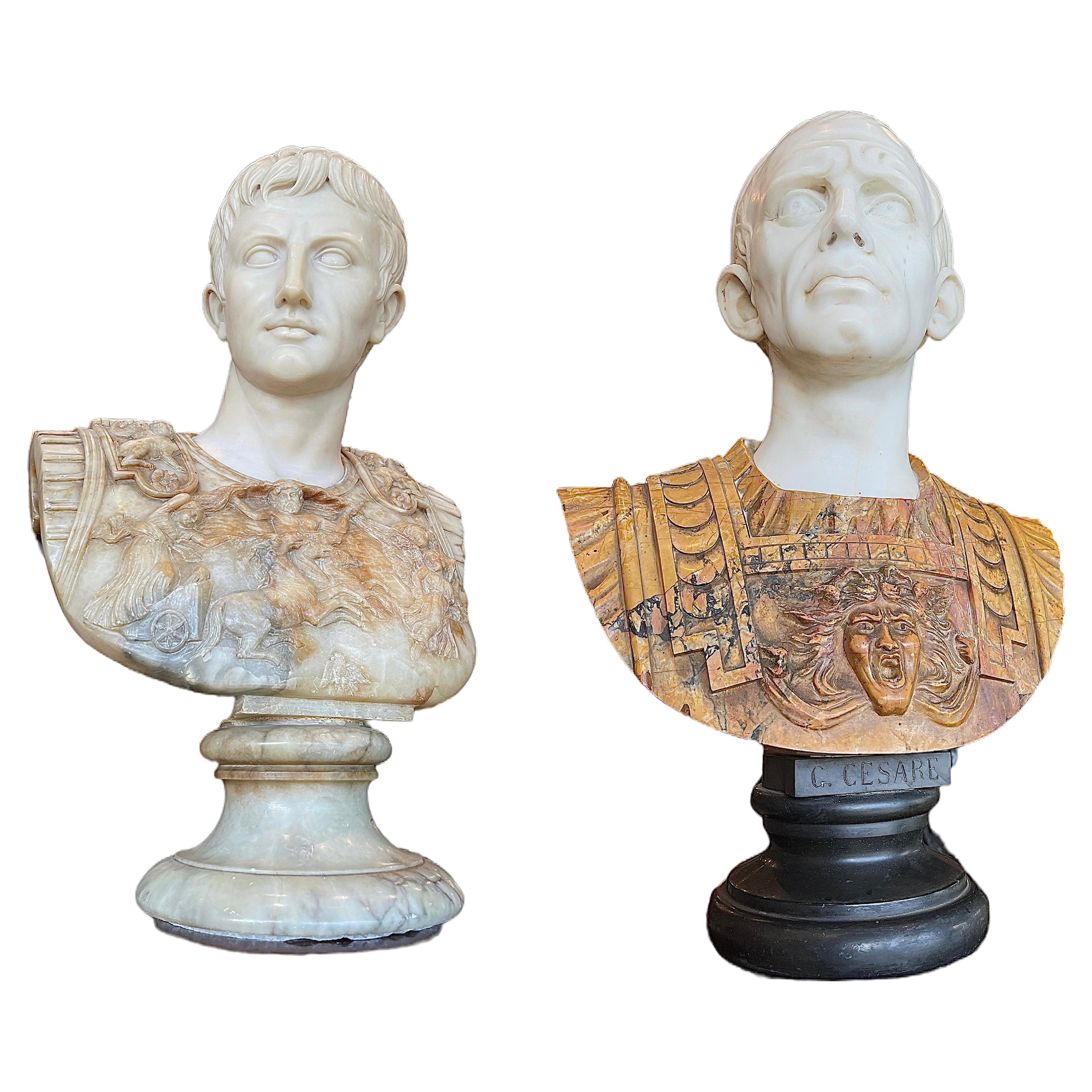 Paire de bustes Grand Tour italiens en marbre sculpté multi-pierres du 19ème siècle (années 1850)