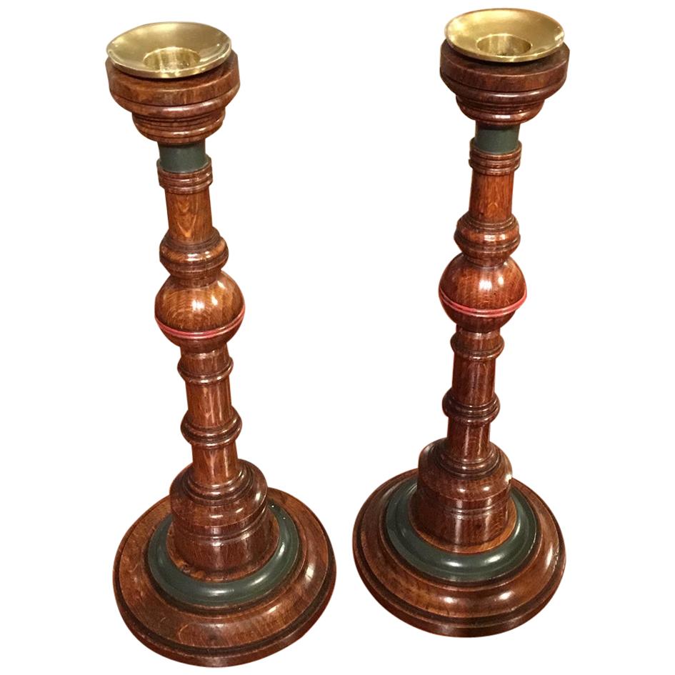Pair of 19th Century Aesthetic Period Oak English Candlesticks For Sale