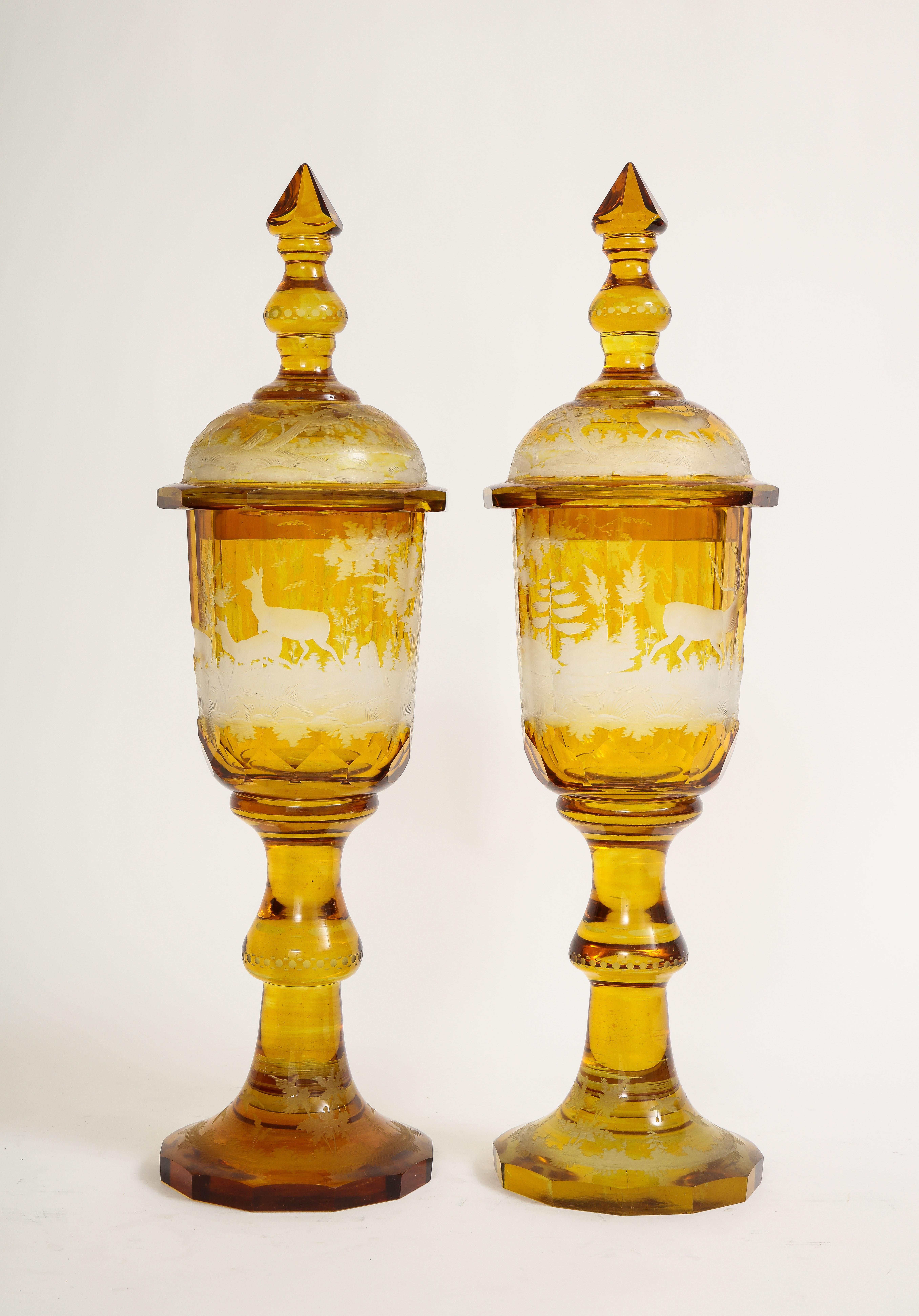 Magnifique paire de pokals couverts en cristal d'ambre, gravés et sculptés à la main, datant des années 1800. Ces exceptionnels trésors de Bohême présentent une remarquable coupe de verre clair, ornée d'un captivant éventail de motifs ornés. Le