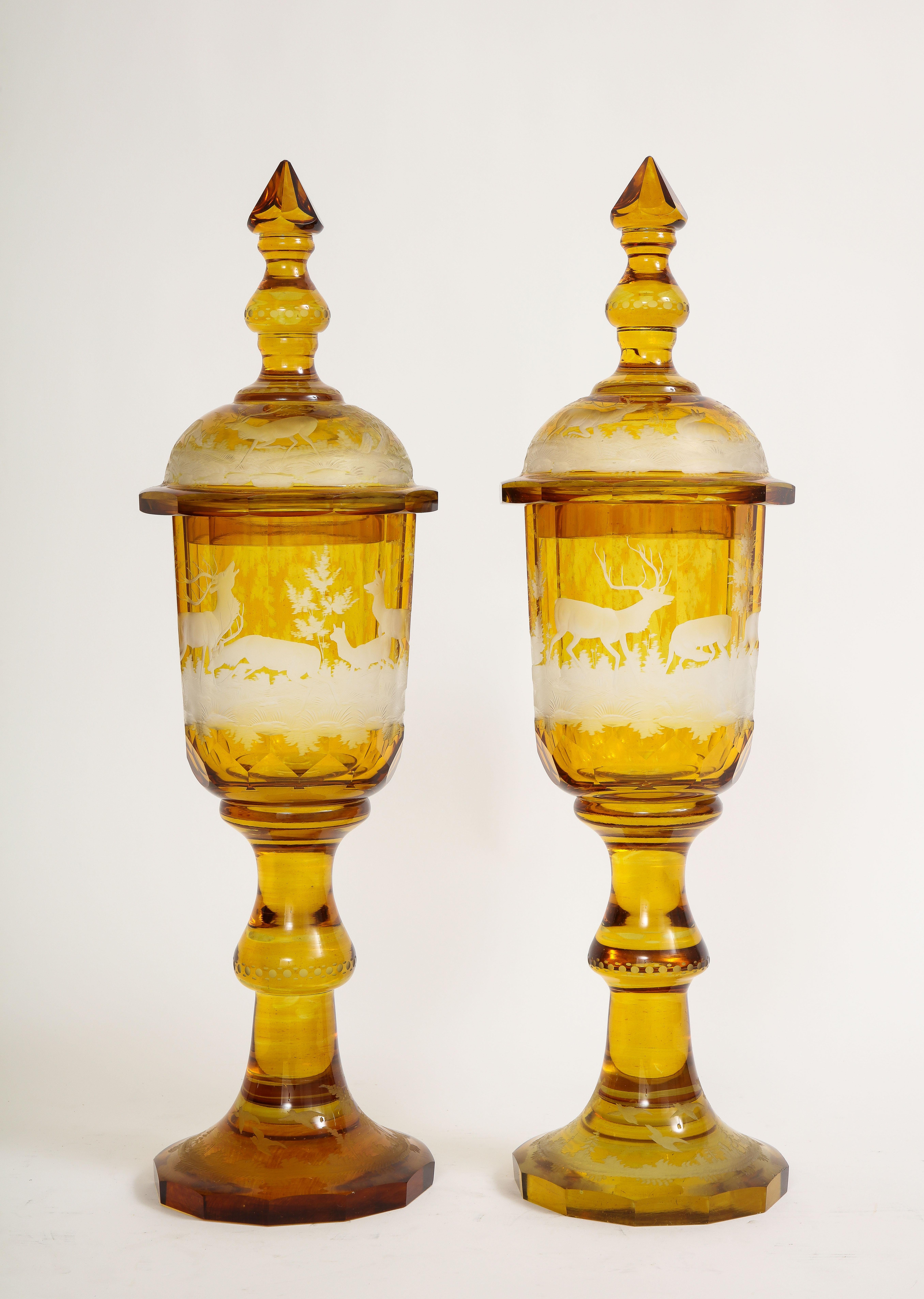 Louis XVI Pair of Amber Crystal Hand Carved and Etched Covered Pokals, 1800s For Sale