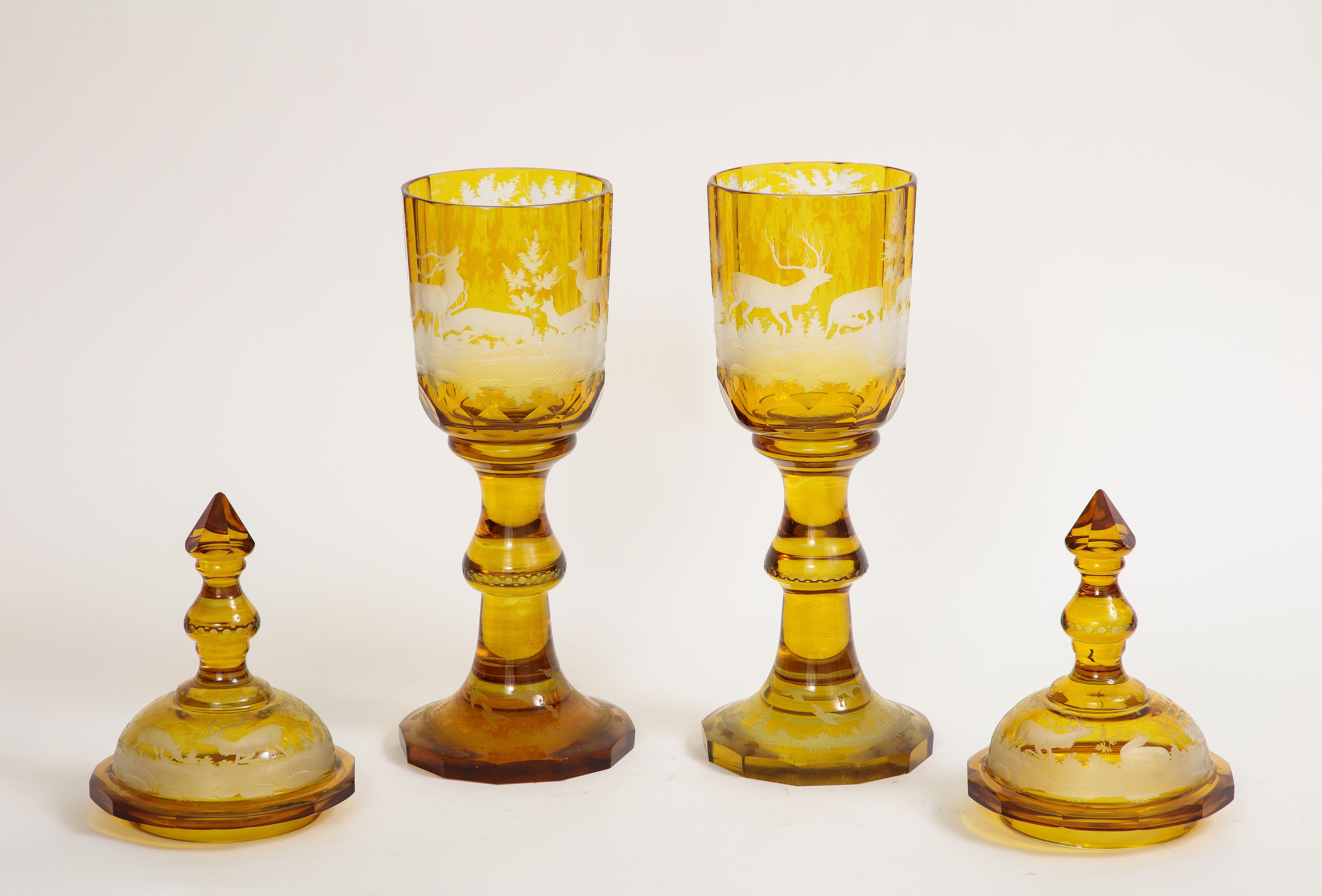 Czech Pair of Amber Crystal Hand Carved and Etched Covered Pokals, 1800s For Sale