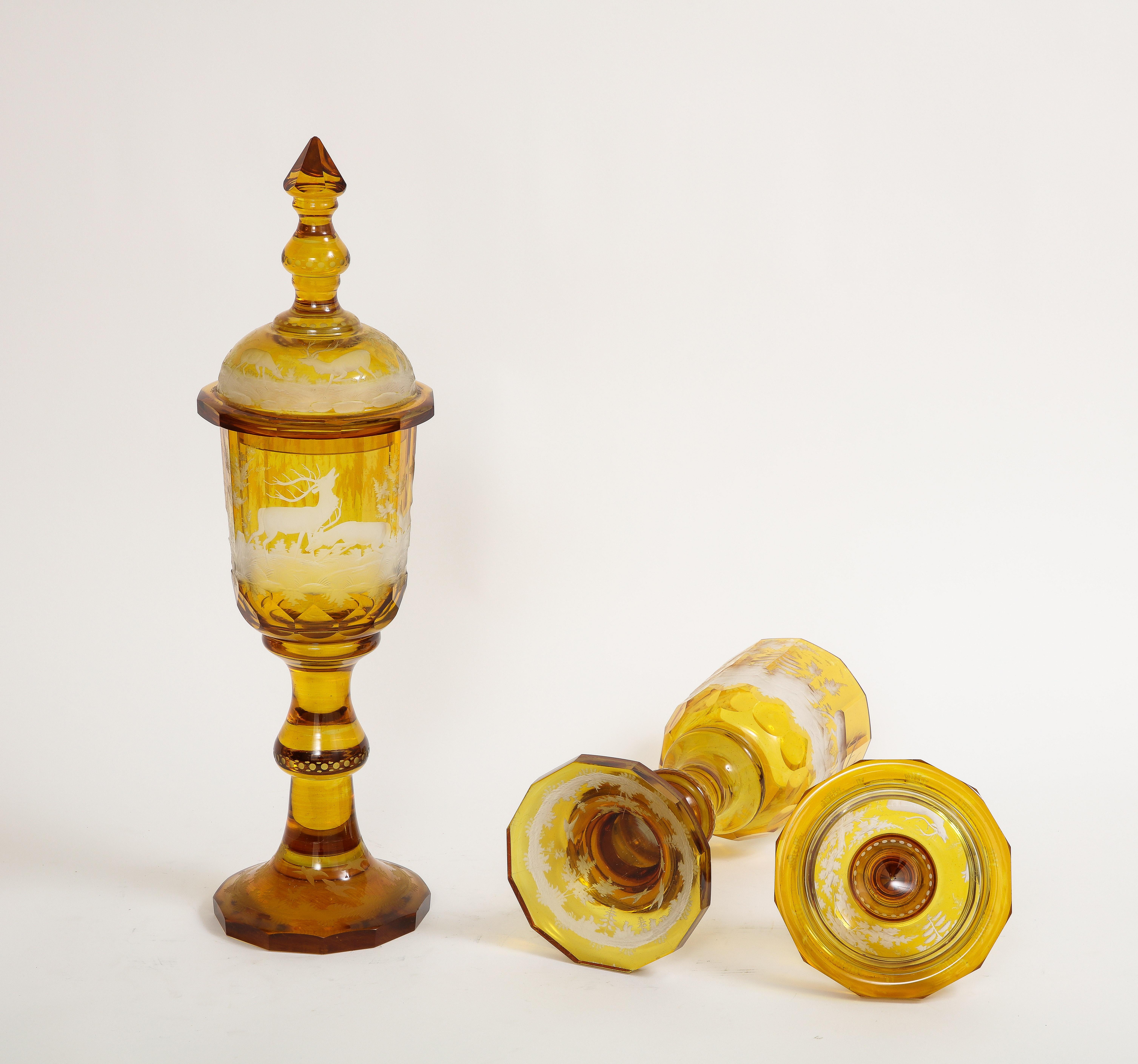 Ein Paar handgeschnitzte und geätzte Bernstein-Kristall-Pokals mit Deckel, 1800er Jahre (Handgeschnitzt) im Angebot