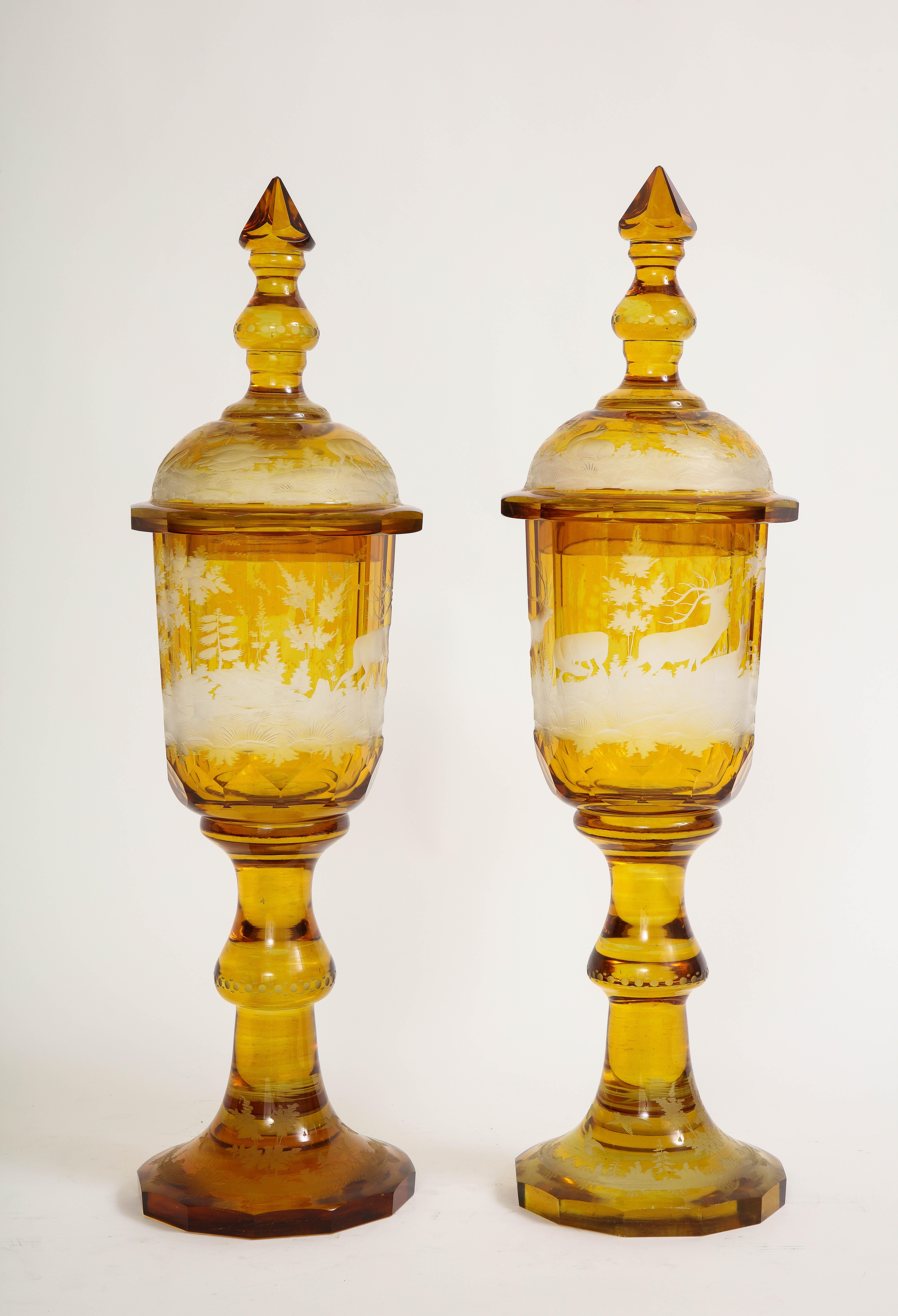 Pair of Amber Crystal Hand Carved and Etched Covered Pokals, 1800s In Good Condition For Sale In New York, NY