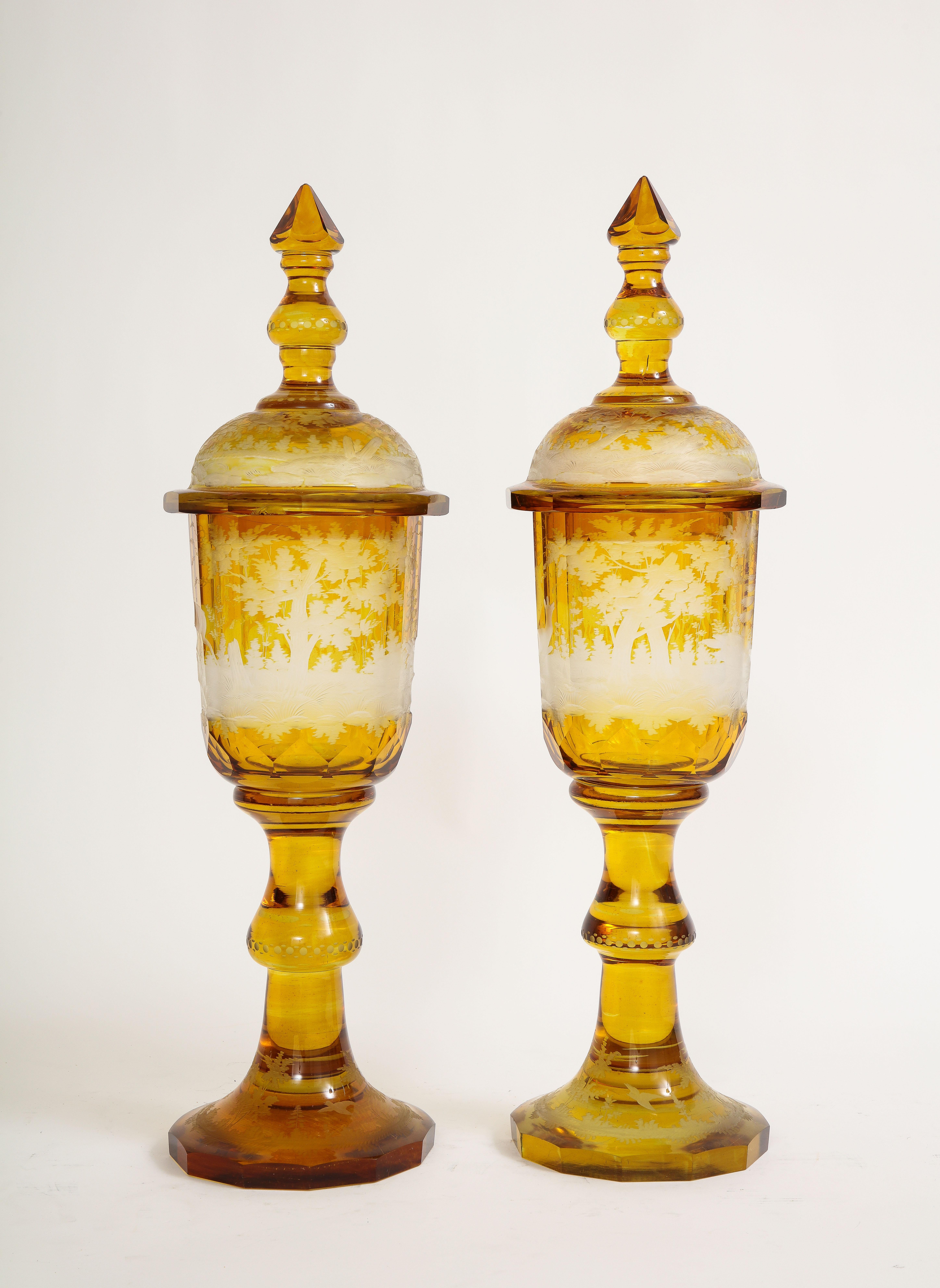 19th Century Pair of Amber Crystal Hand Carved and Etched Covered Pokals, 1800s For Sale
