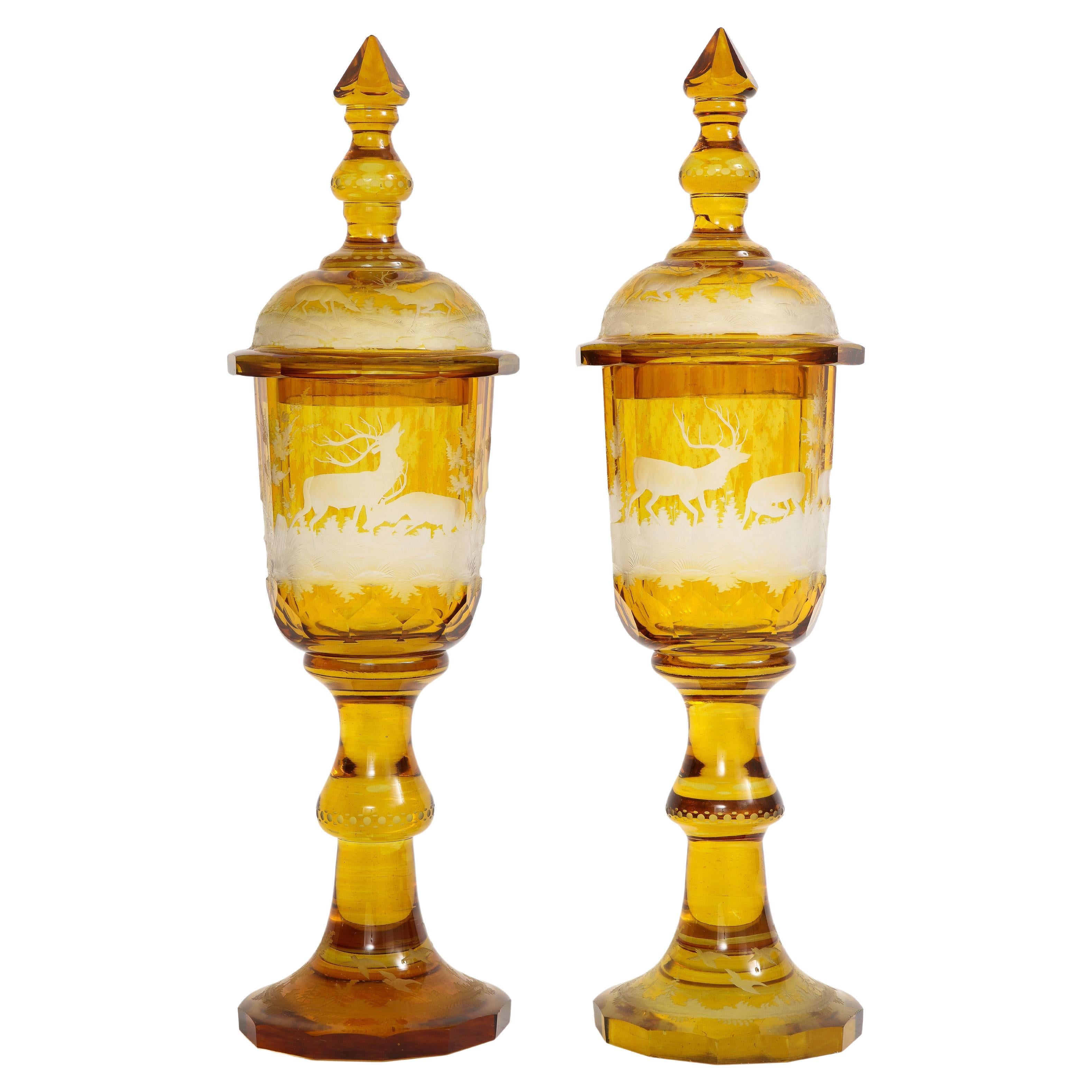 Pair of Amber Crystal Hand Carved and Etched Covered Pokals, 1800s For Sale