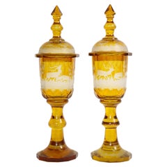 Pair of Amber Crystal Hand Carved and Etched Covered Pokals, 1800s