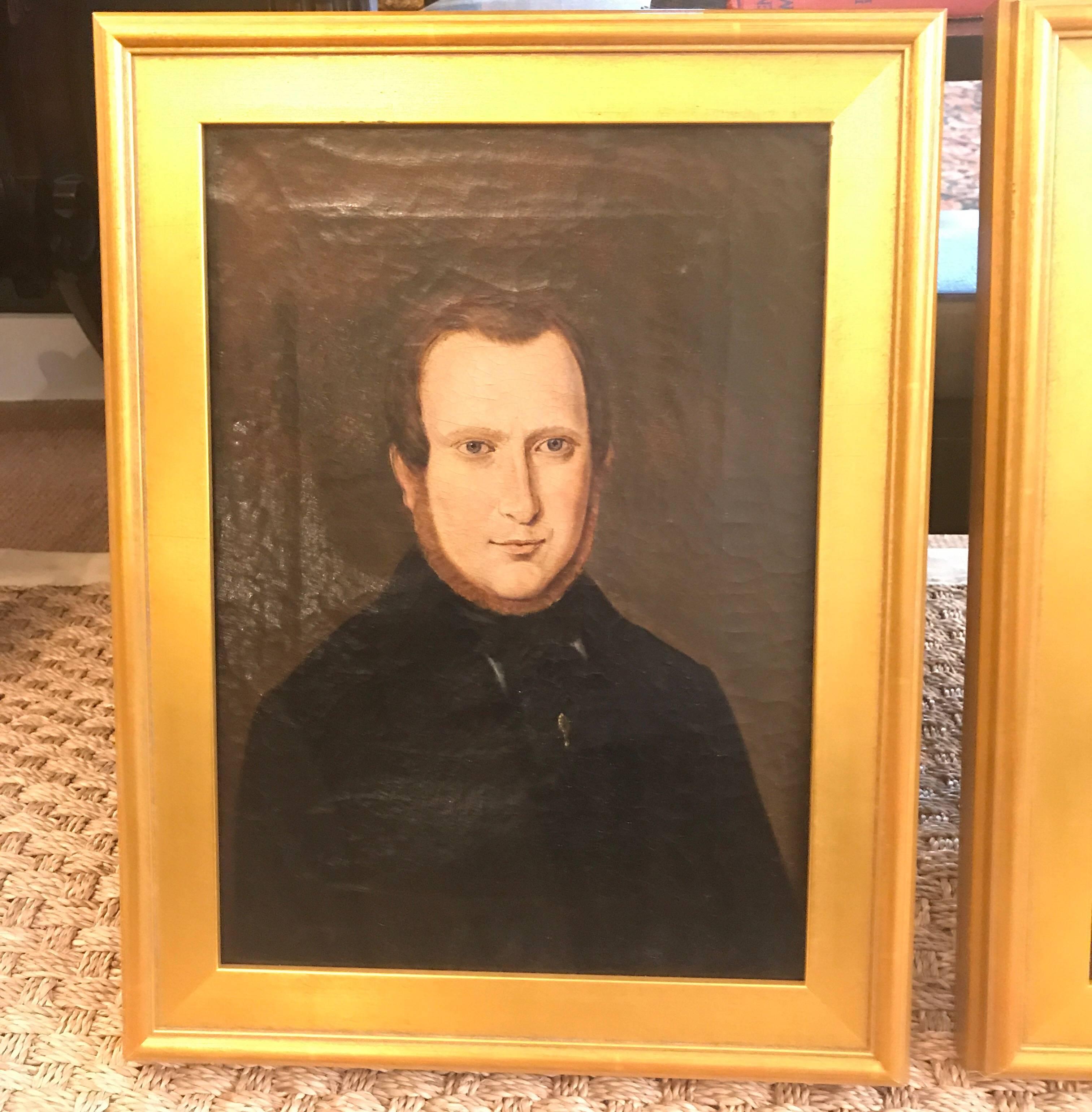 A charming pair of early to mid-19th century portraits. Oil on canvas in recent gilt wood frames. These are a of a prominent New Jersey Family, 1840s. Measures: 16.5 inches high, 13 inches wide.