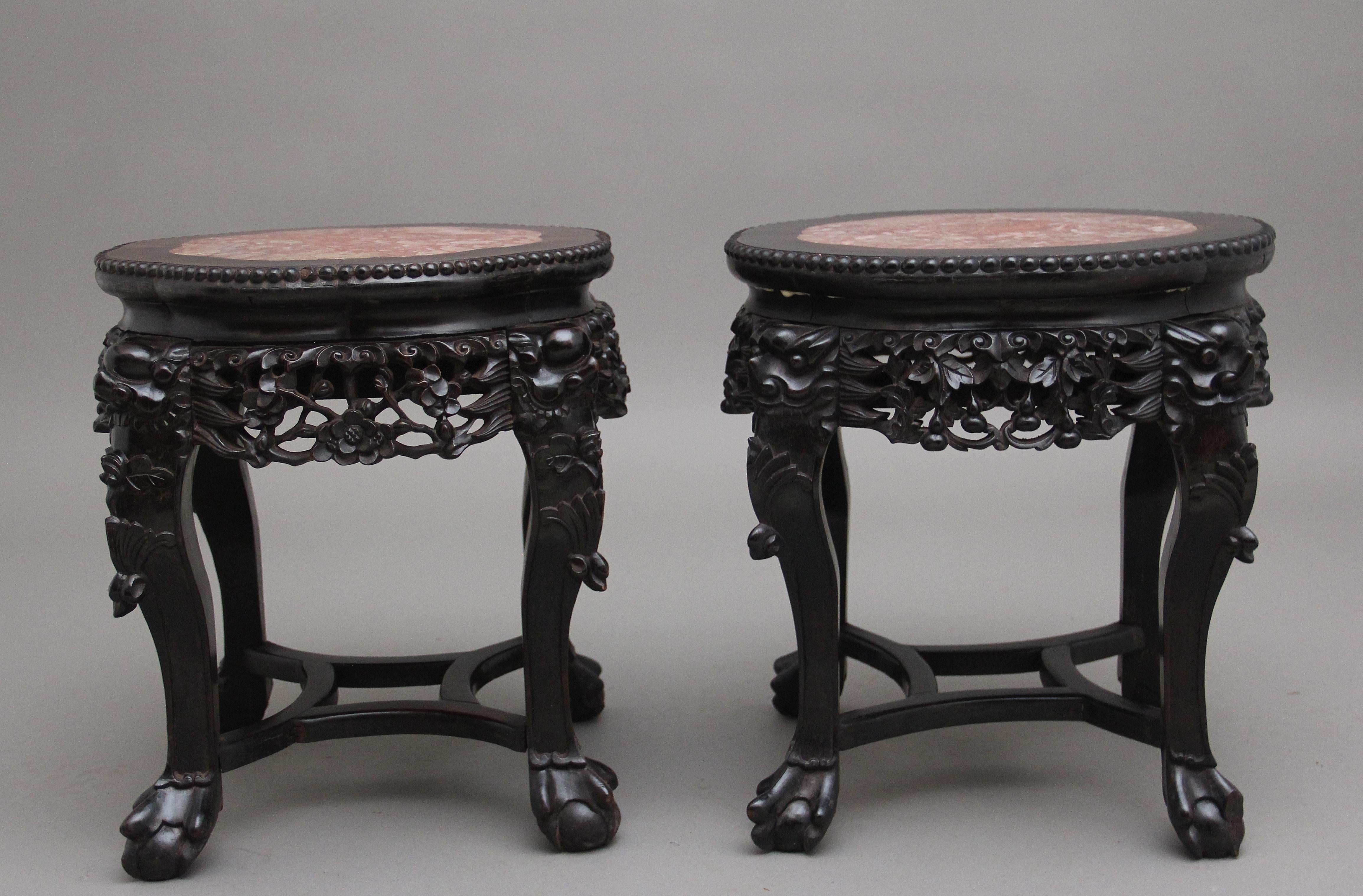 Pair of 19th Century Antique Chinese Carved Hardwood Occasional Table In Good Condition For Sale In Martlesham, GB