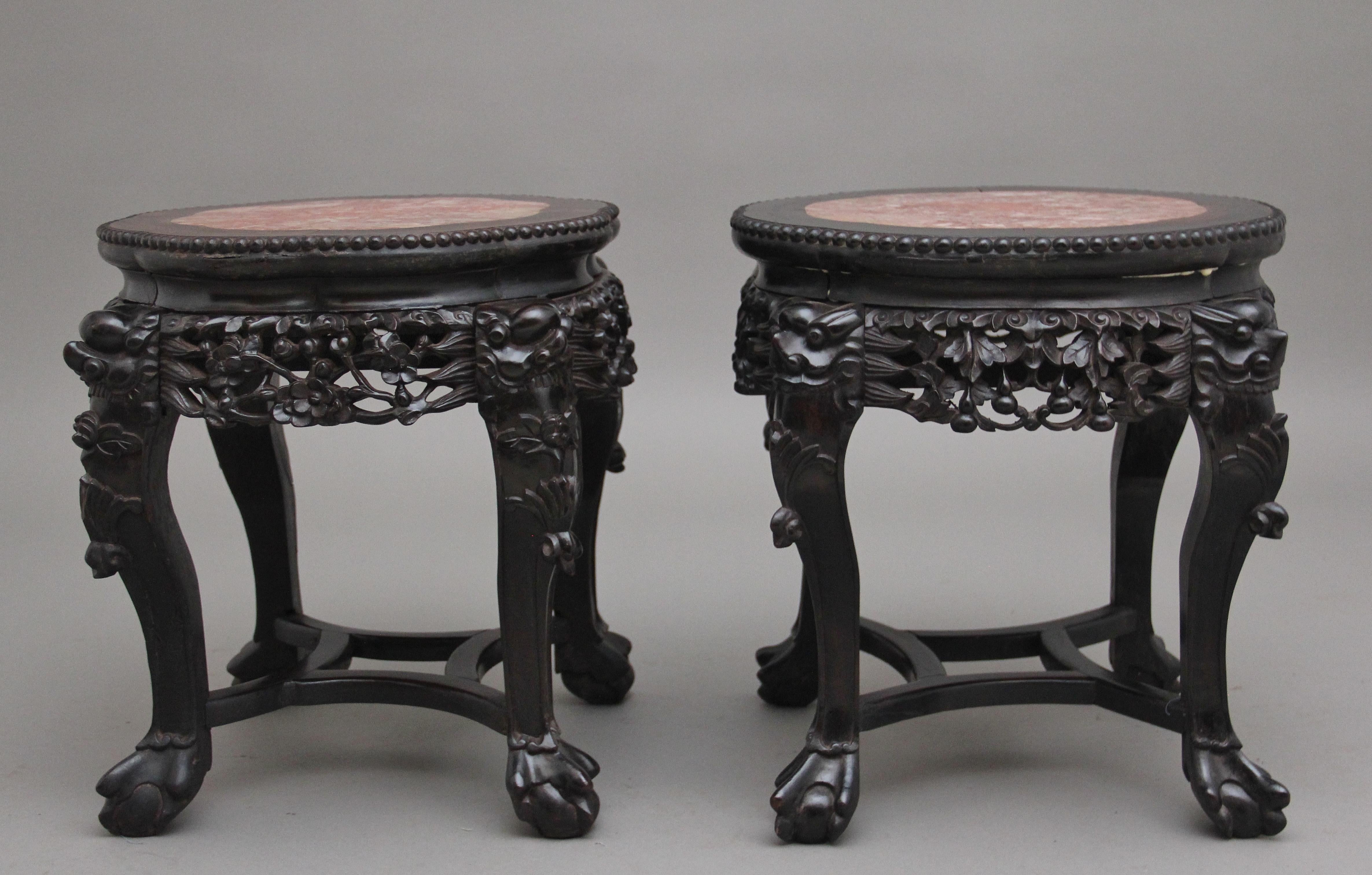 Pair of 19th Century Antique Chinese Carved Hardwood Occasional Table For Sale 2