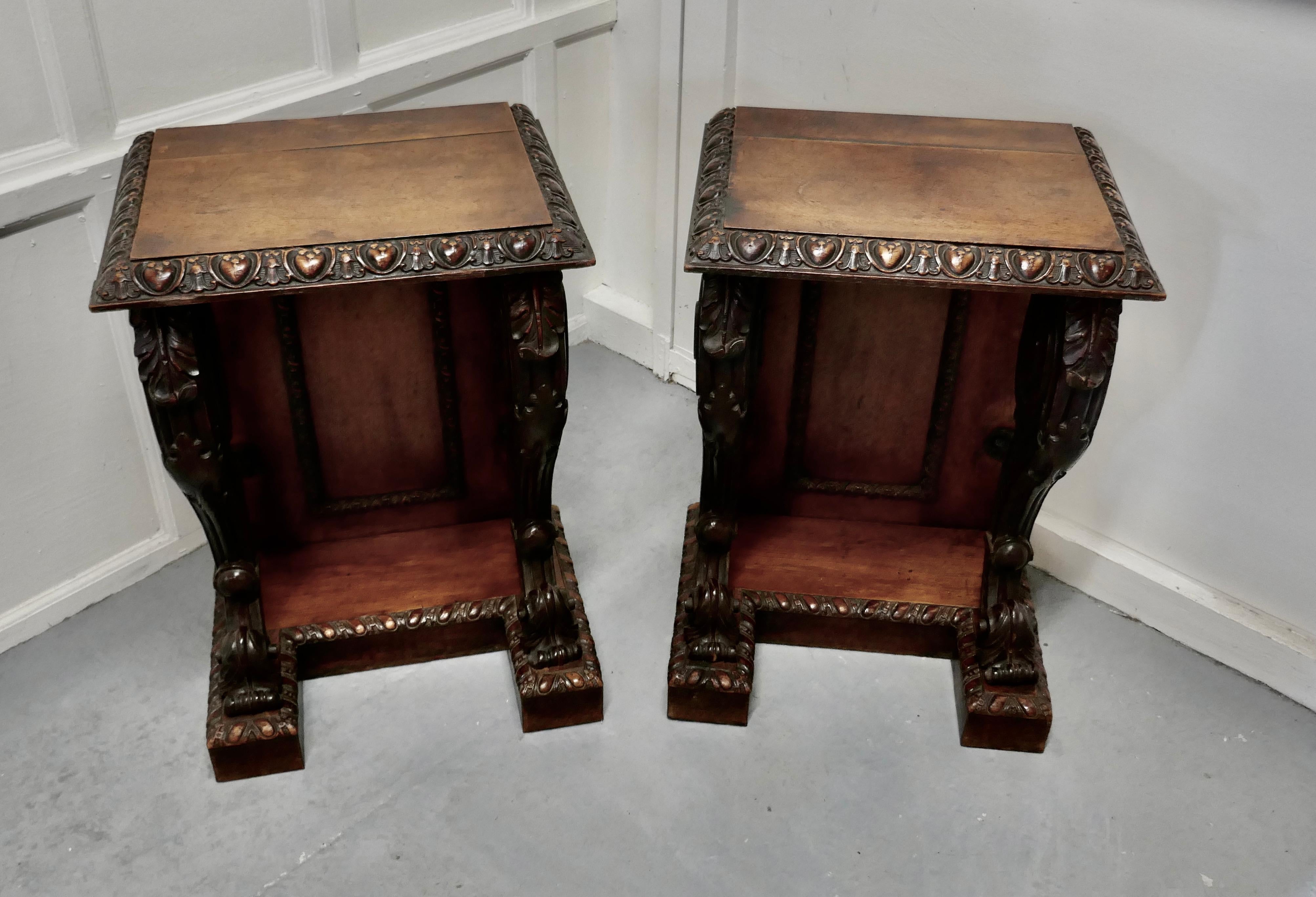 A pair of 19th century Art Nouveau Gothic carved oak console pedestals

A good pair of pedestals, made in oak with the most wonderful wide carved border to their table tops
The lower part of the pedestals have 2 Large Acanthus Leaf Scrolls