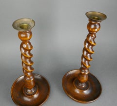 A Pair Of 19th Century Barley Twist Oak & Brass Candlestick