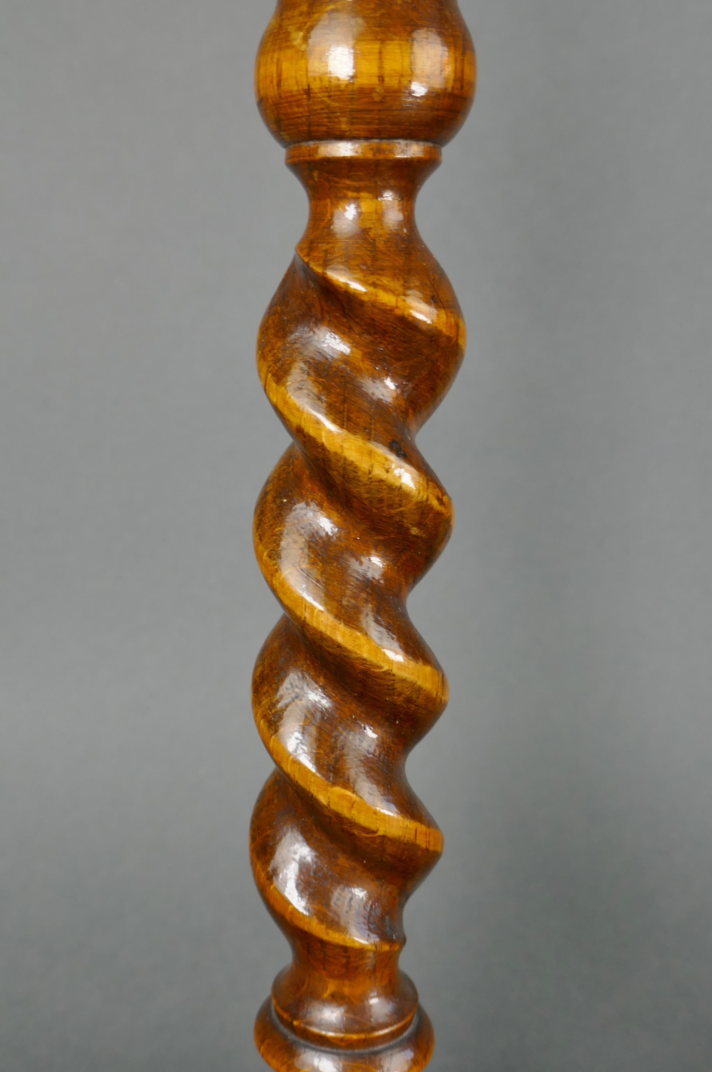 Victorian A Pair Of 19th Century Barley Twist Oak & Brass Candlestick