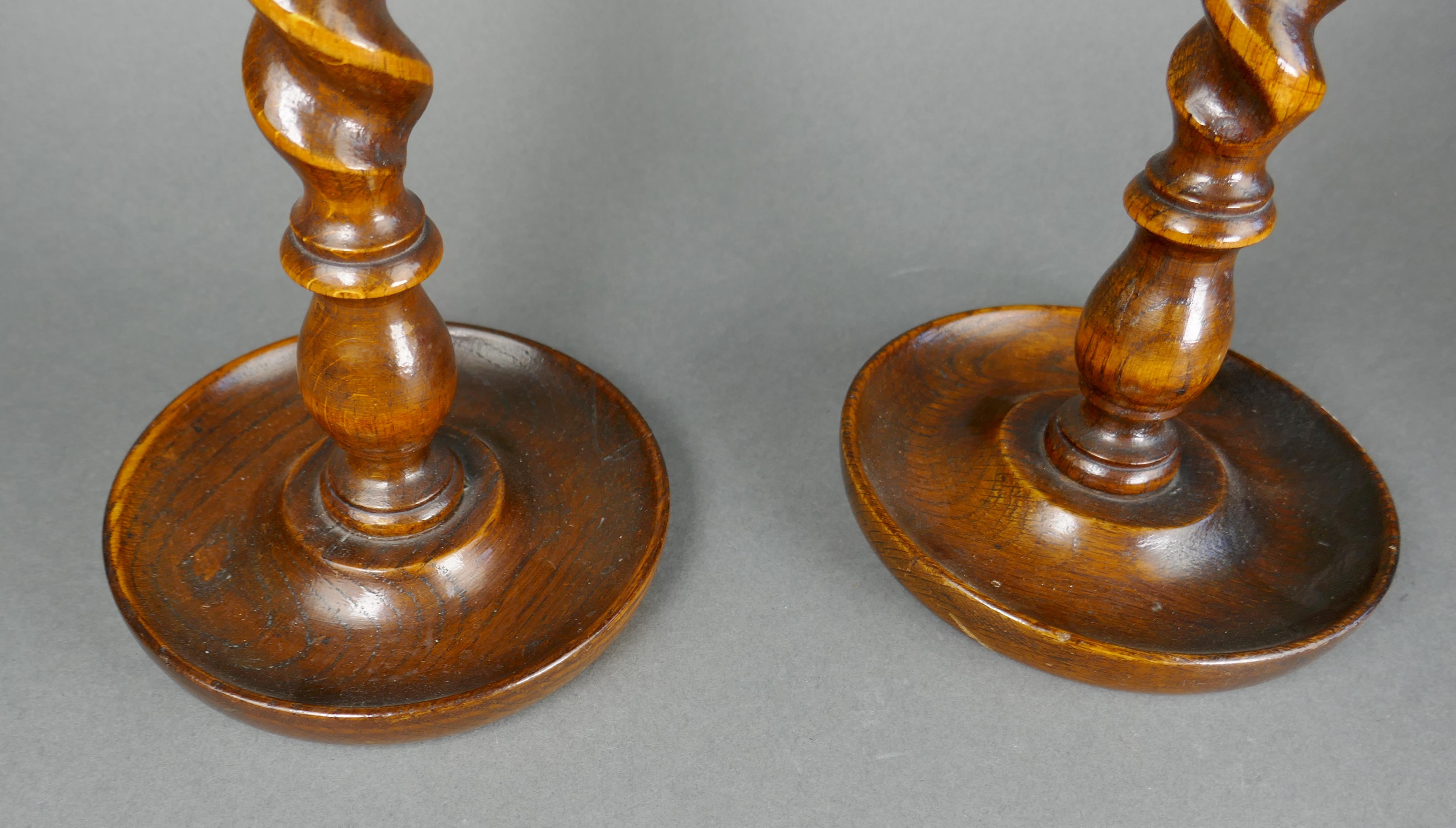 British A Pair Of 19th Century Barley Twist Oak & Brass Candlestick