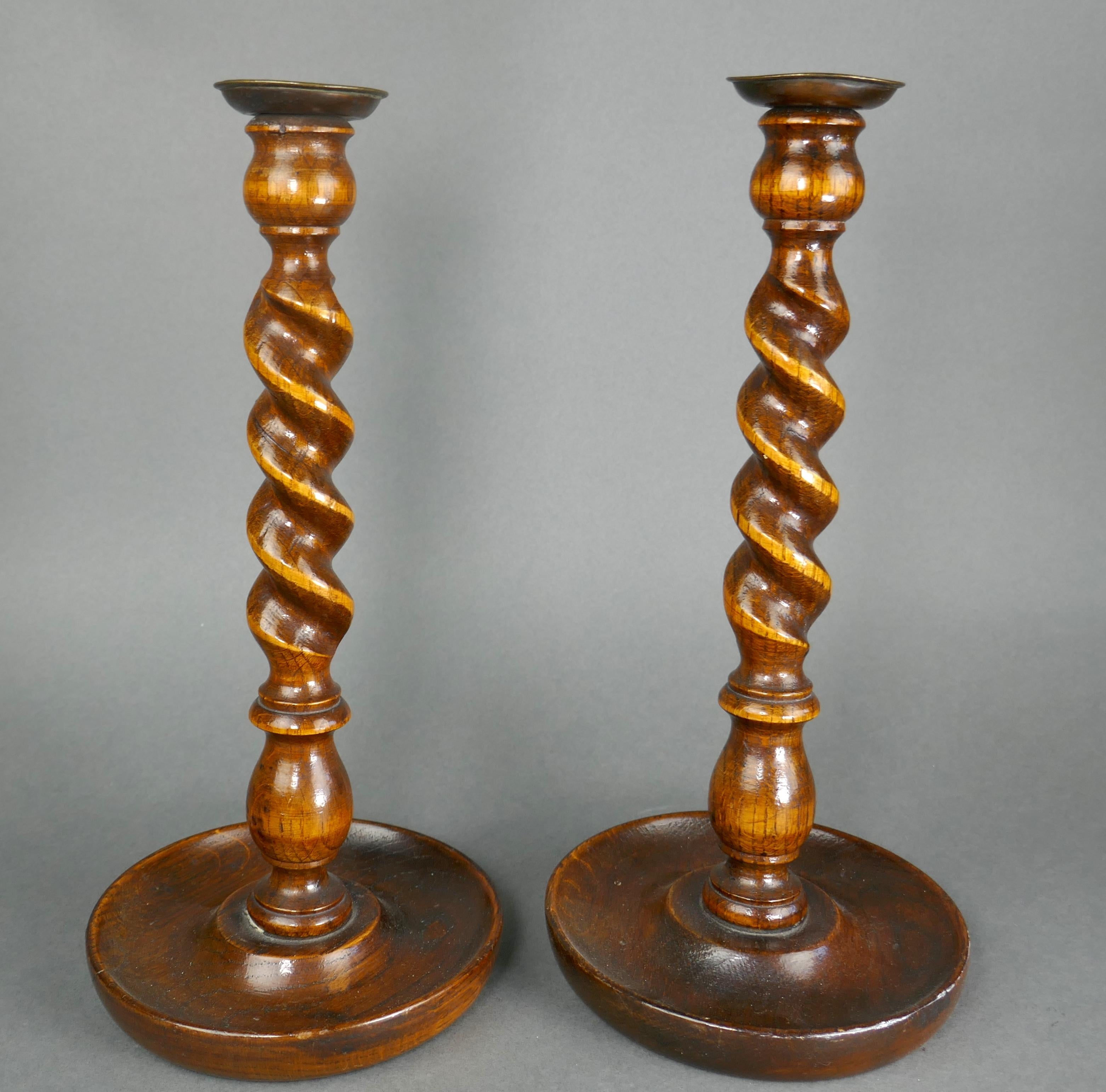 Carved A Pair Of 19th Century Barley Twist Oak & Brass Candlestick
